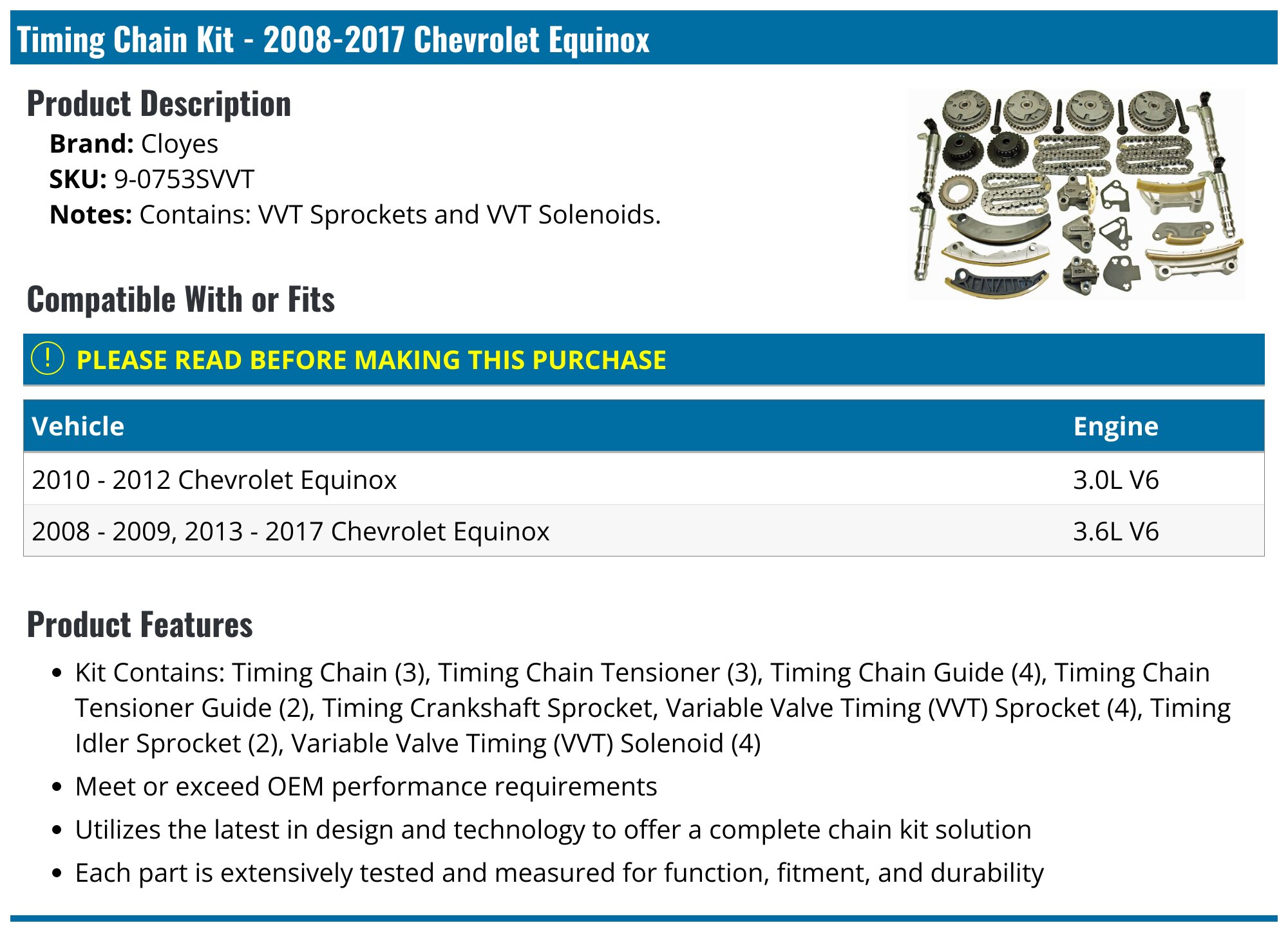 2008 2017 Chevrolet Equinox Timing Chain Cloyes 9 0753SVVT 