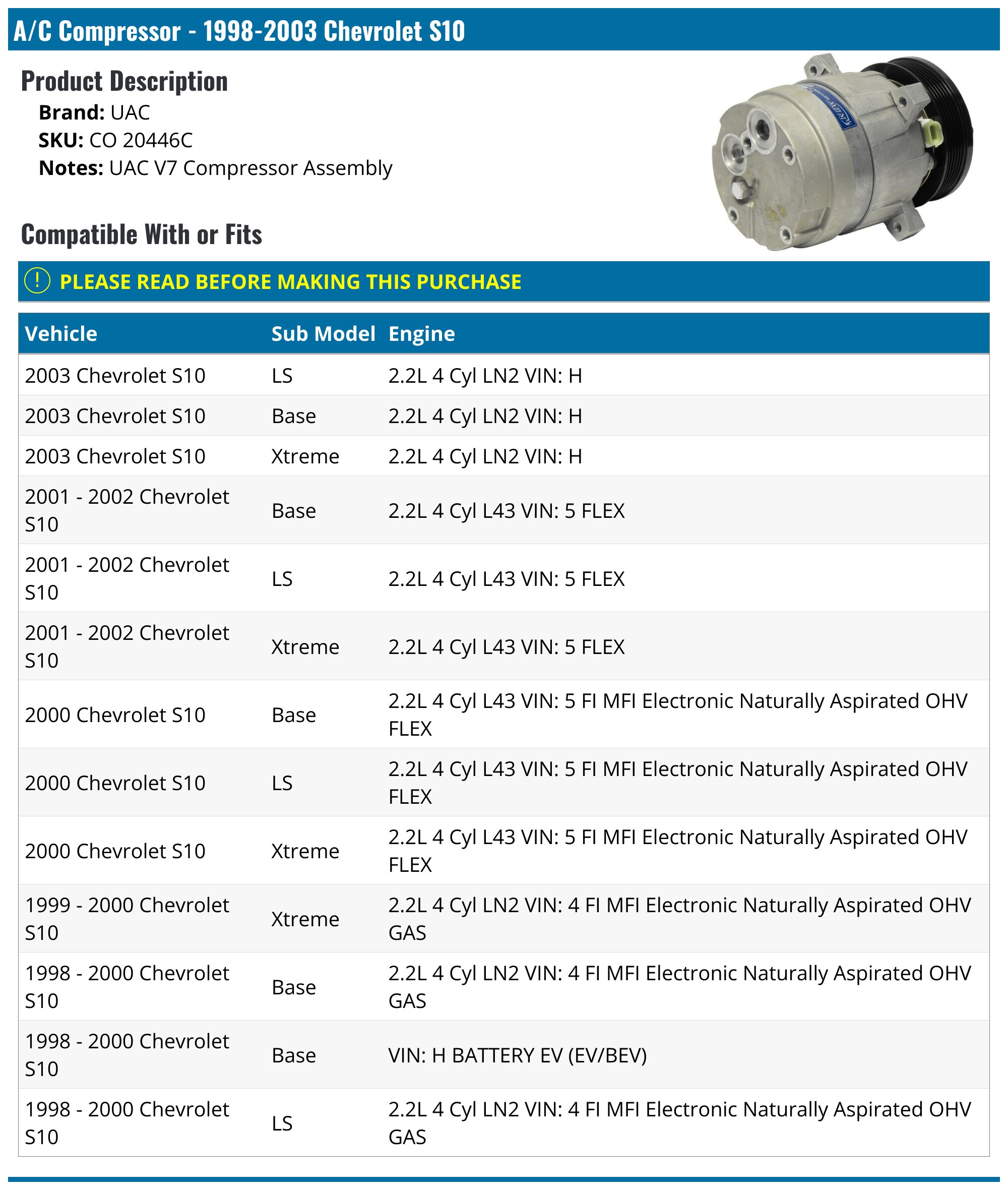 1990-1993, 1997-2003 Chevrolet S10 A/C Compressor - UAC CO 20446C ...