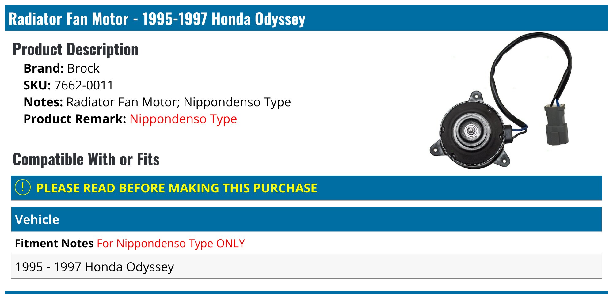 19951997 Honda Odyssey Radiator Fan Motor Brock 76620011