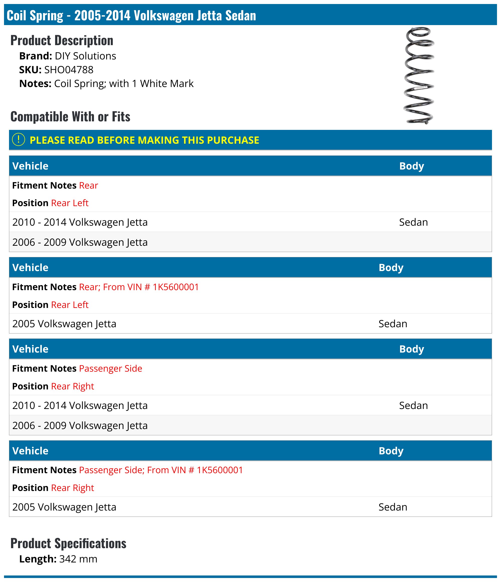 2005-2014 Volkswagen Jetta Coil Spring - DIY Solutions SHO04788 - Rear ...