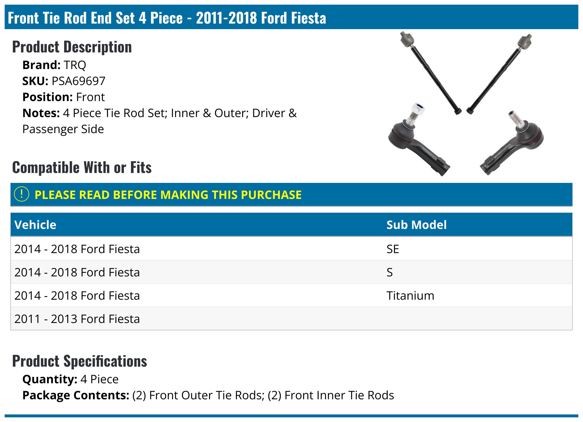 20112019 Ford Fiesta Tie Rod End TRQ PSA69697 Front Inner and