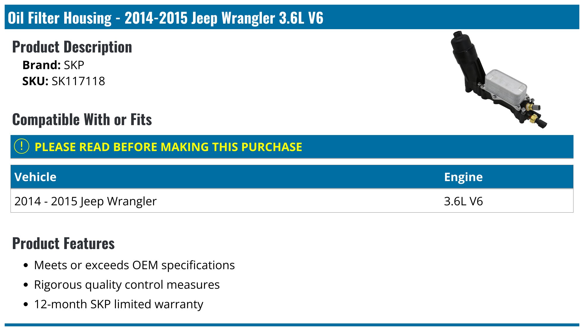 20142015 Jeep Wrangler Oil Filter Housing SKP SK117118