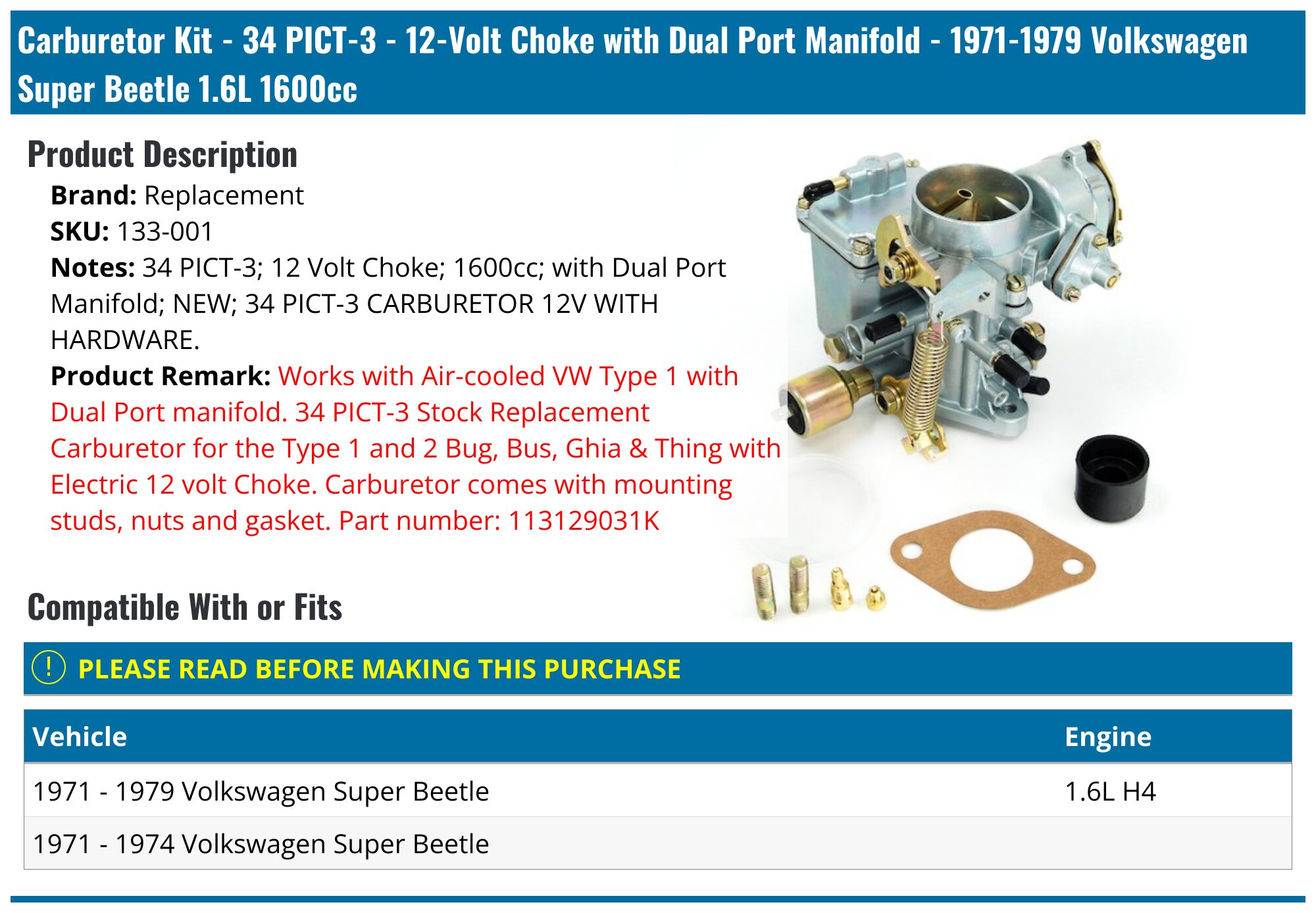 34 Pict-3 Carburetor With 12V Electric Choke For VW Super Beetle 1.6L