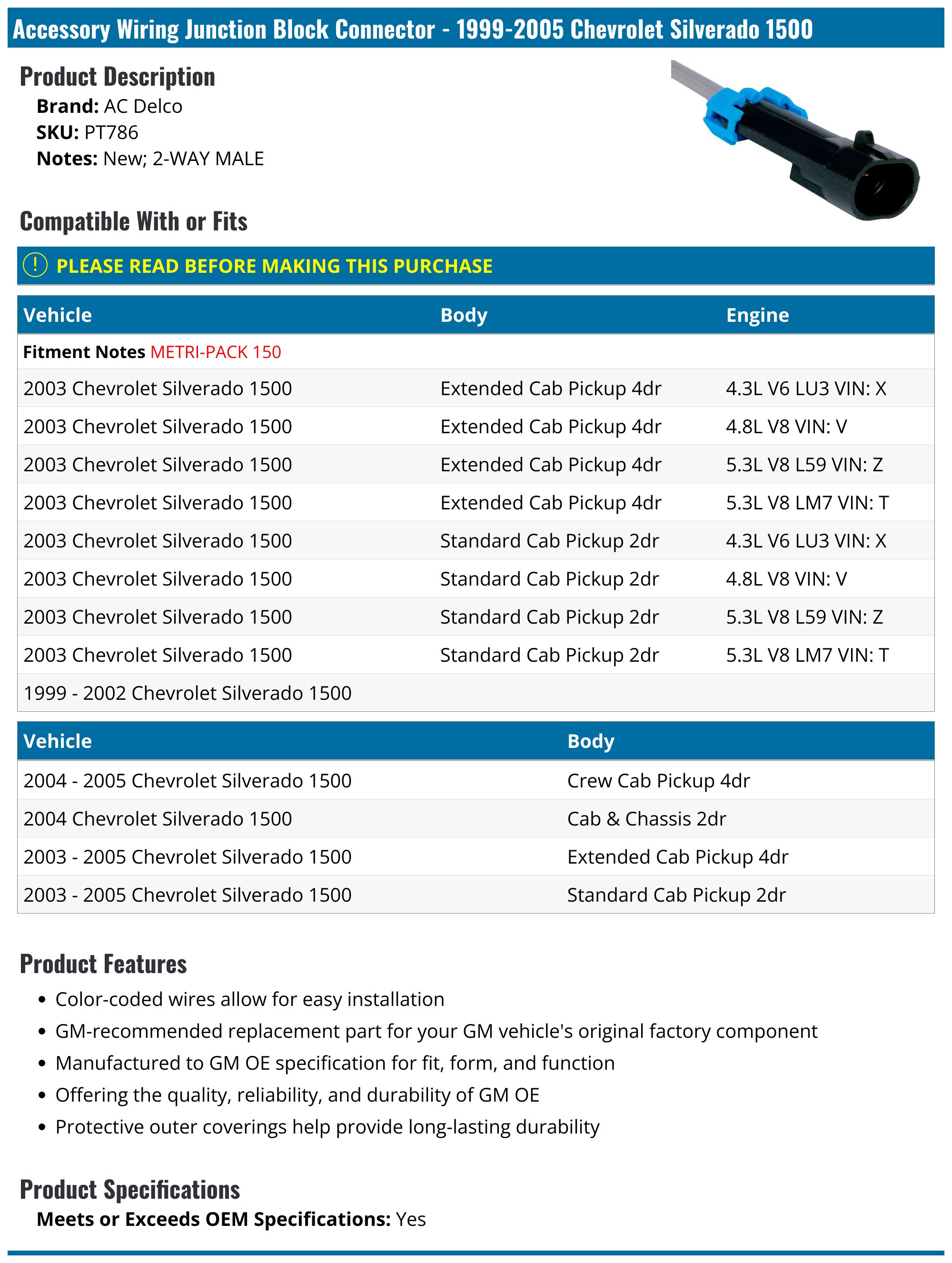1999-2005 Chevrolet Silverado 1500 Accessory Wiring Junction Block ...