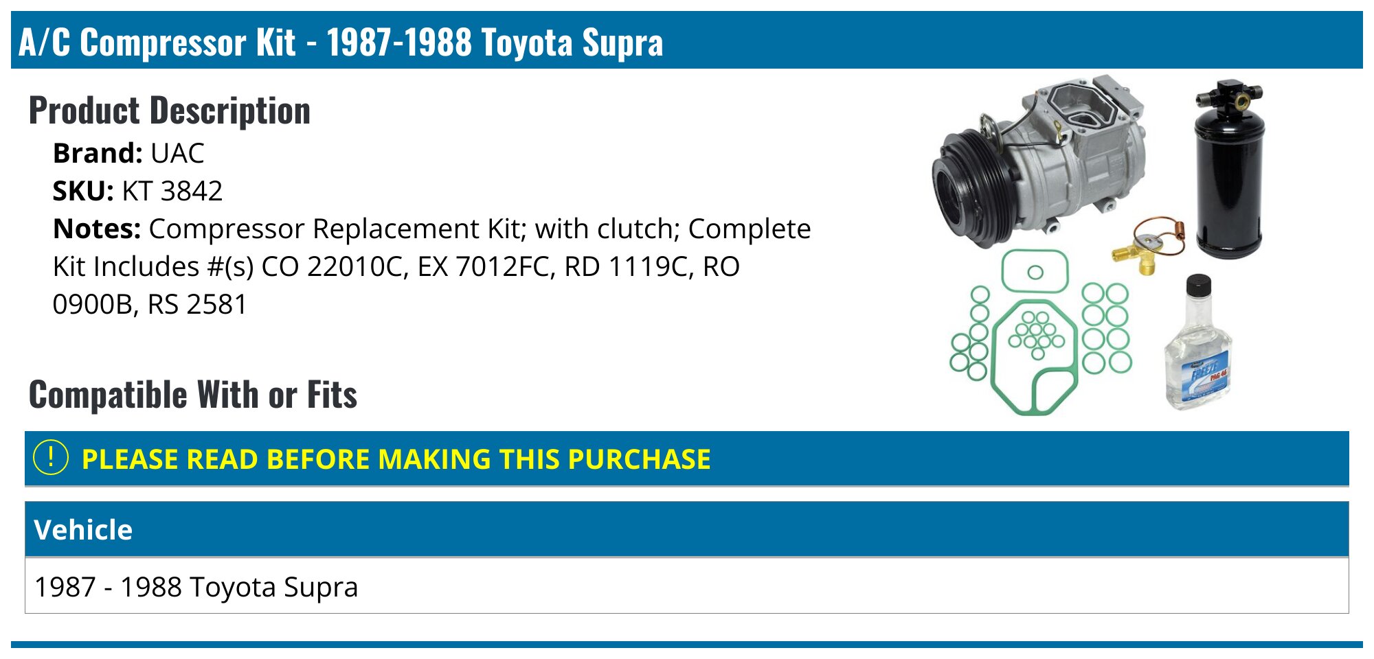 1987-1988 Toyota Supra A/C Compressor - UAC KT 3842 - PartsGeek.com