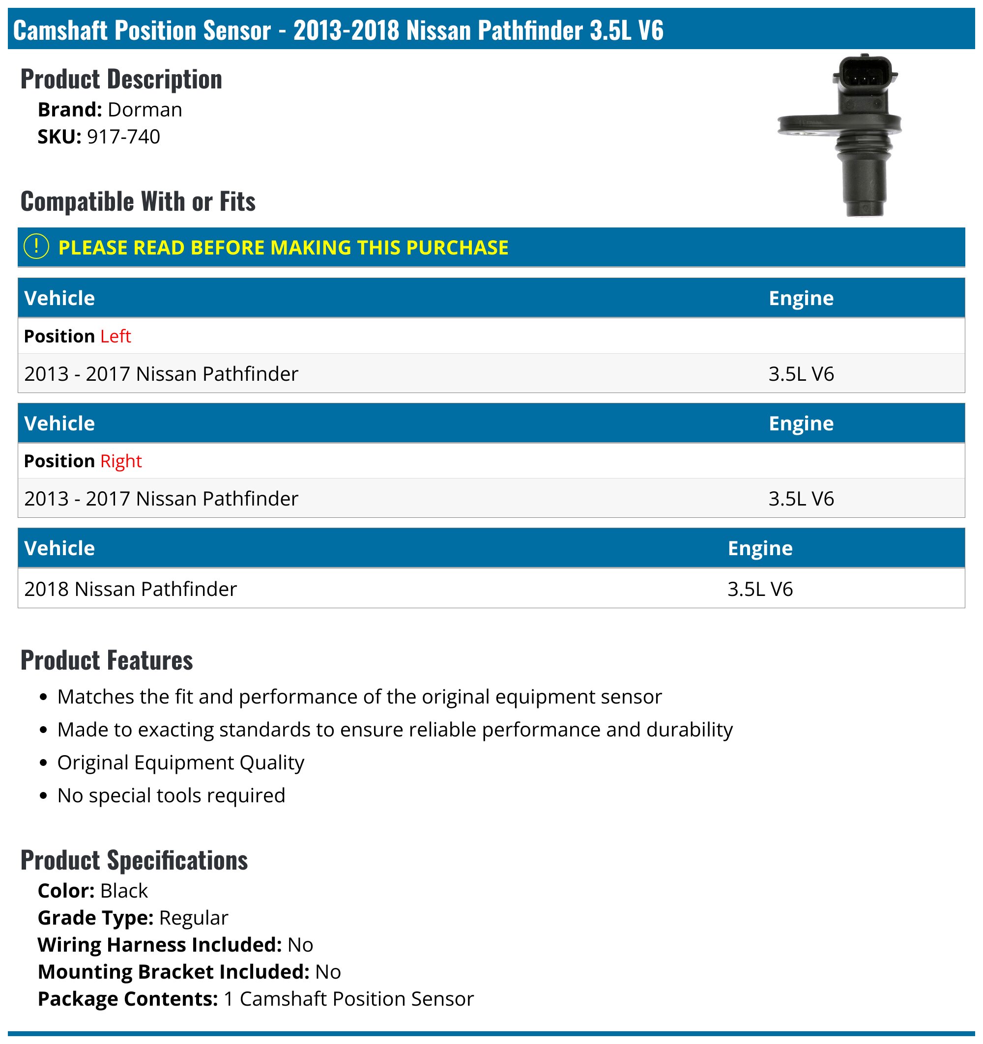 A-Premium Pair Left & Right Camshaft Position Sensors For Nissan 350Z 2003-2007, Pathfinder, And More