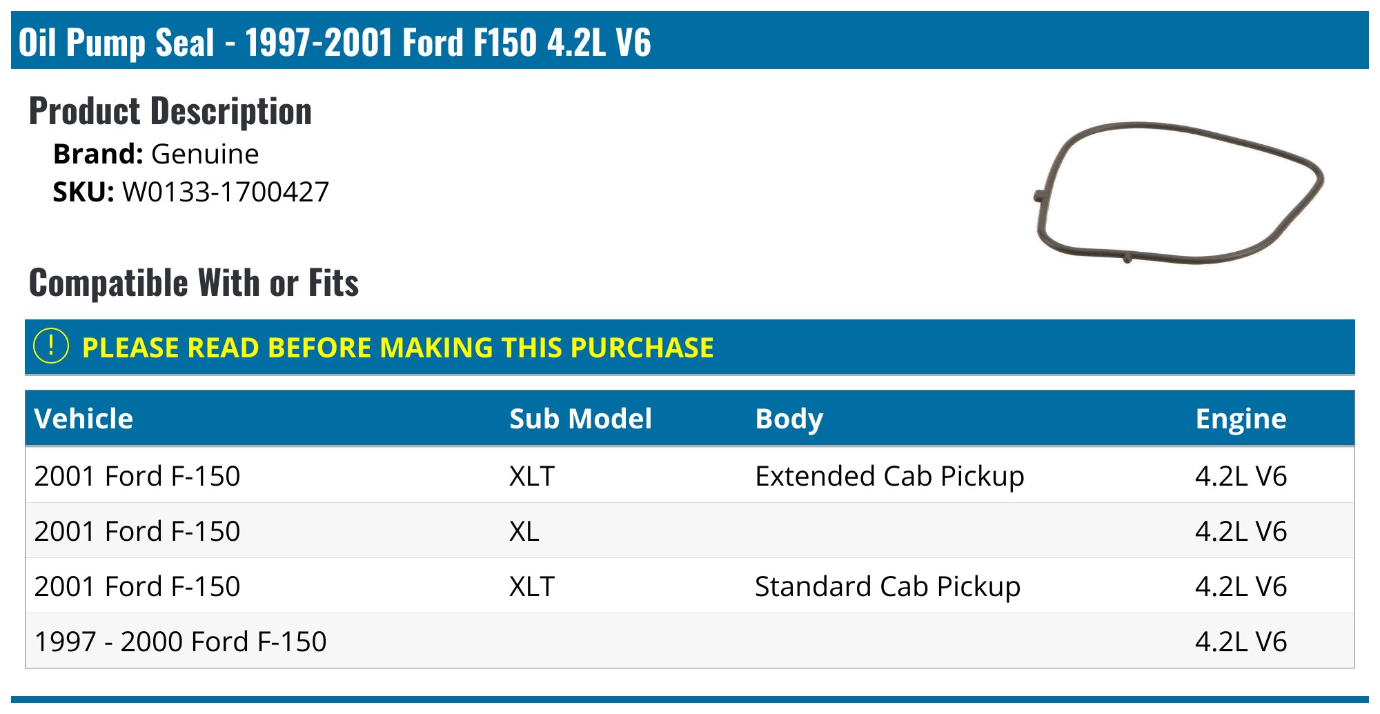 19972001 Ford F150 Oil Pump Seal Genuine W01331700427