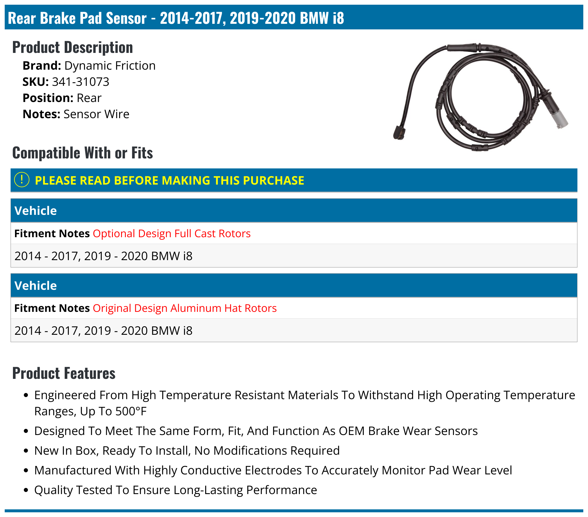 20142017, 20192020 BMW i8 Brake Pad Sensor Dynamic Friction 34131073 Rear