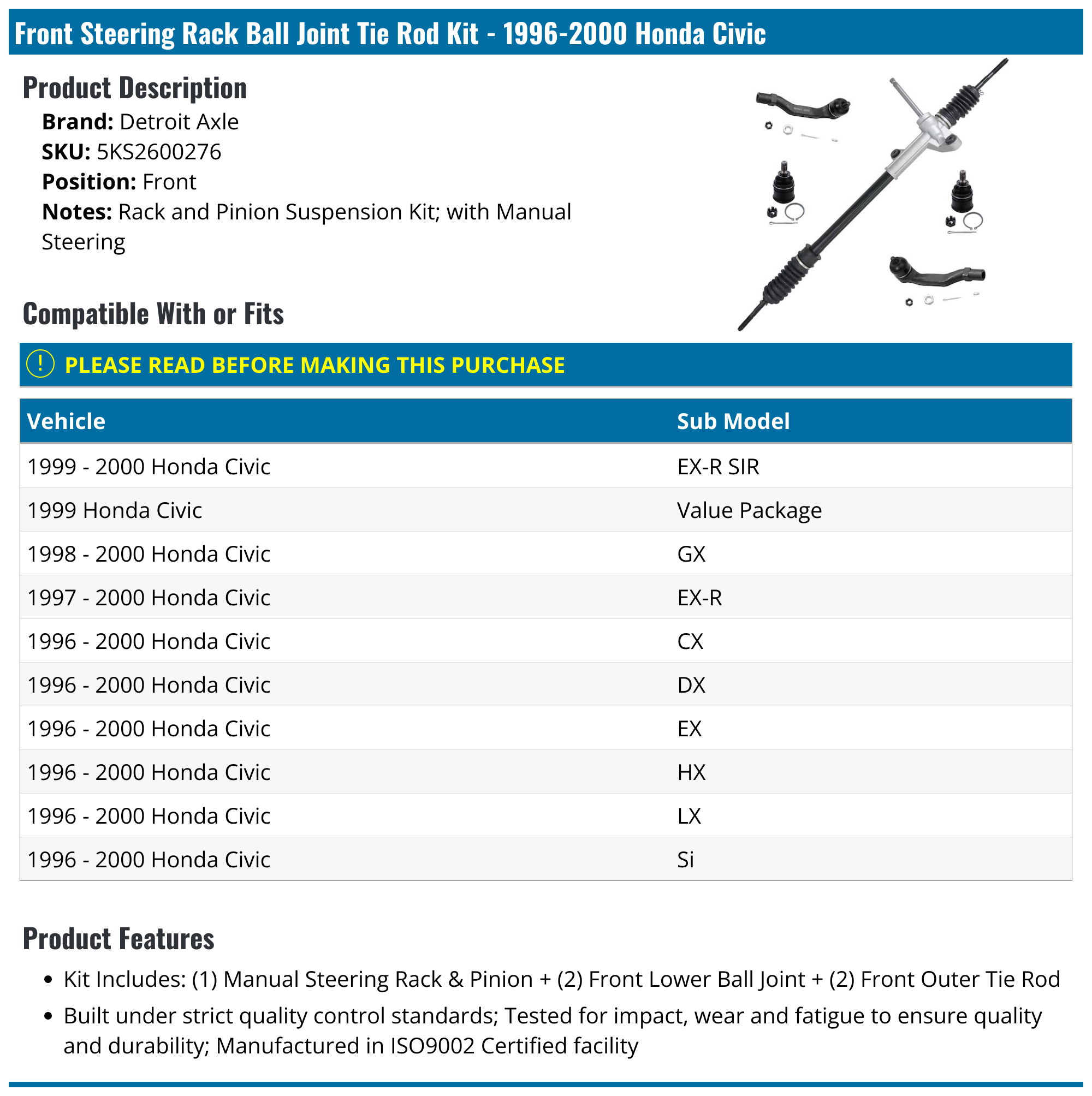 19962000 Honda Civic Steering Rack Detroit Axle 5KS2600276 Front