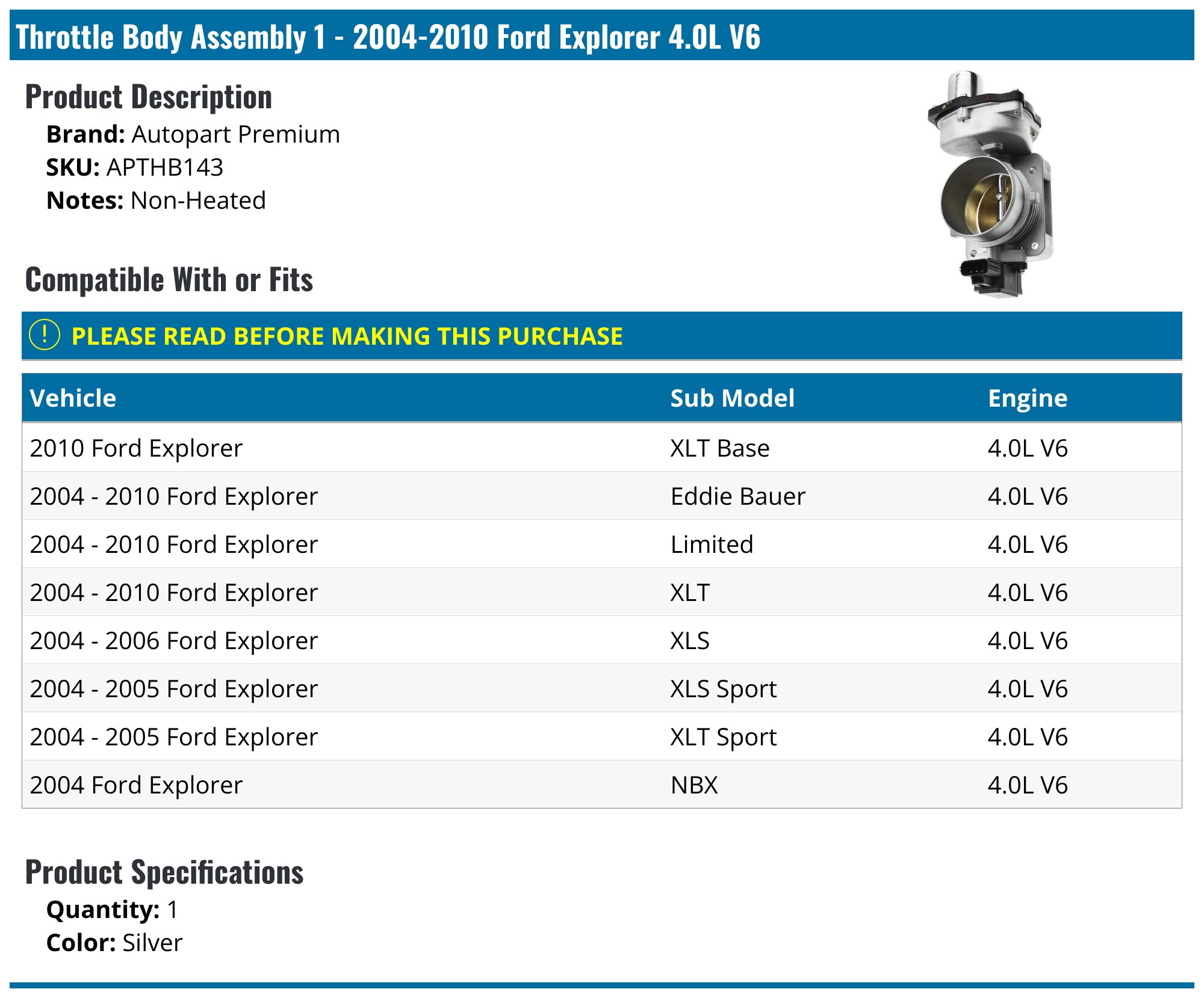Turboshop 65mm Electronic Throttle Body For Ford Explorer 4.0L 2004-2010 (w/ Sensor)