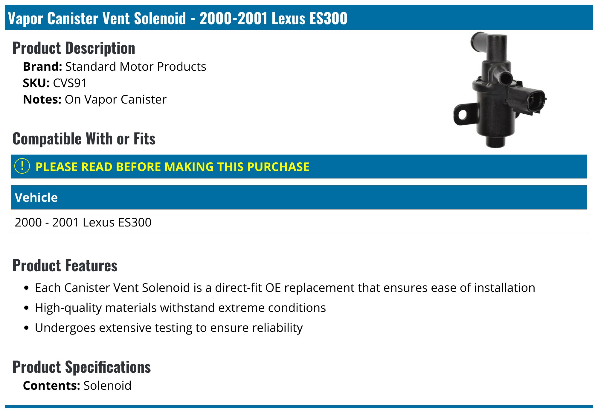 Standard Motor Products CVS91 Canister Vent Solenoid – Vehicle-Specific EVAP System Replacement Part