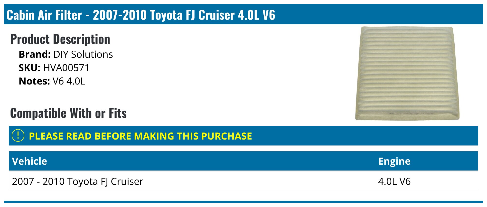 2007-2010 Toyota FJ Cruiser Cabin Air Filter - DIY Solutions HVA00571 ...