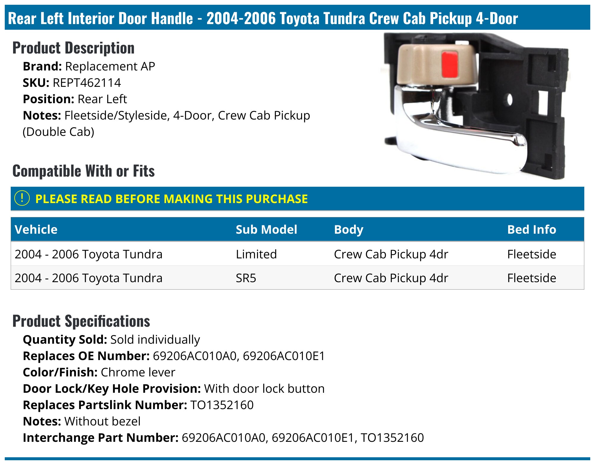 2004-2006 Toyota Tundra Door Handle - Replacement AP REPT462114 - Rear ...