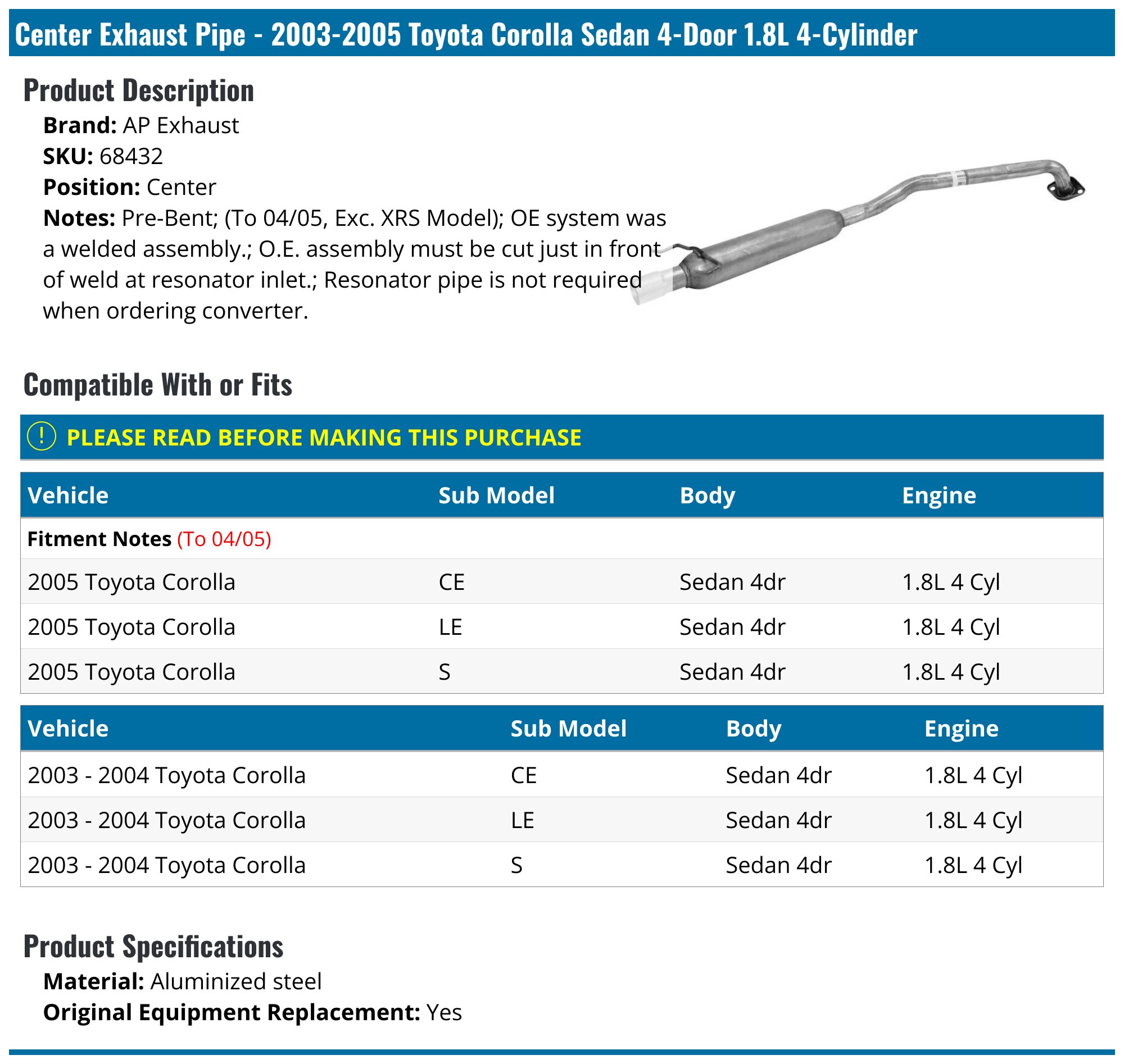 2005 Toyota Corolla Exhaust Pipe