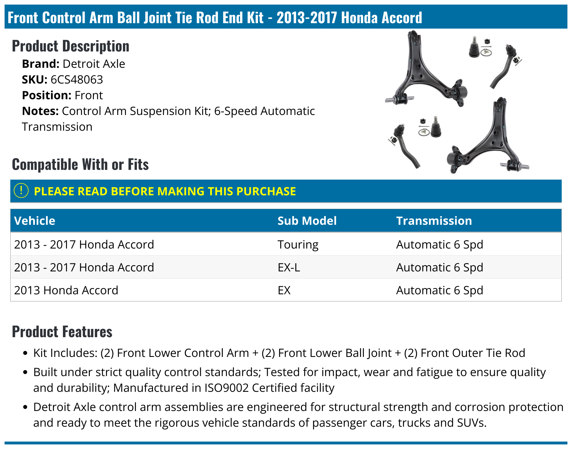 20132017 Honda Accord Control Arm Detroit Axle 6CS48063 Front