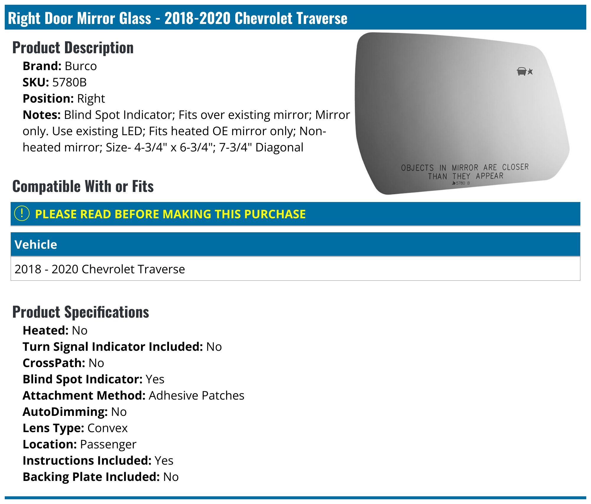 Mirror Glass Adhesive For 18-21 Chevrolet Traverse Driver Side Replacement-Htd Mirror Glass Adhesive For 18-21 Chevrolet Traverse Driver Side Replacement-Htd