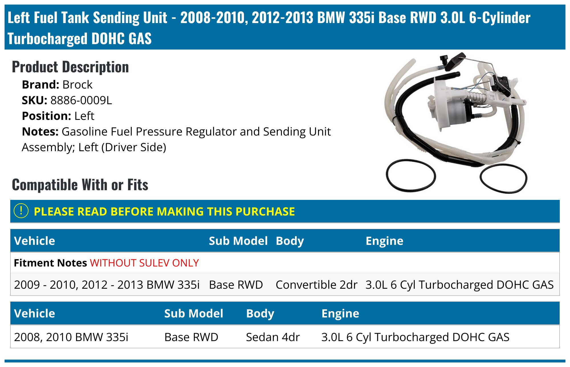 2008-2010, 2012-2013 BMW 335i Fuel Tank Sending Unit - Brock 8886-0009L ...
