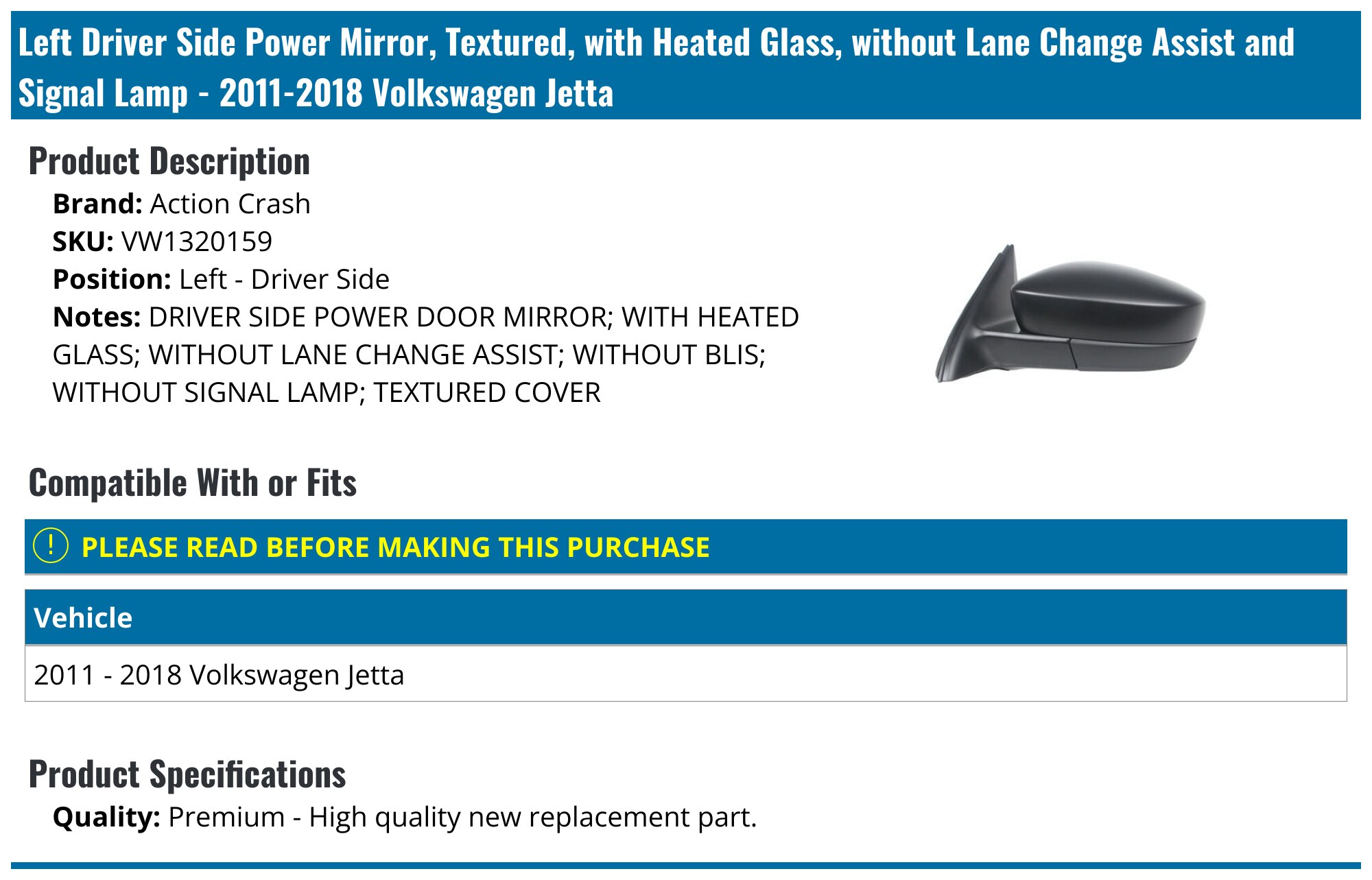 Evan-Fischer Front Left Door Glass For 2011-2018 VW Jetta 4-Door Sedan - Green Tint, OEM Fit