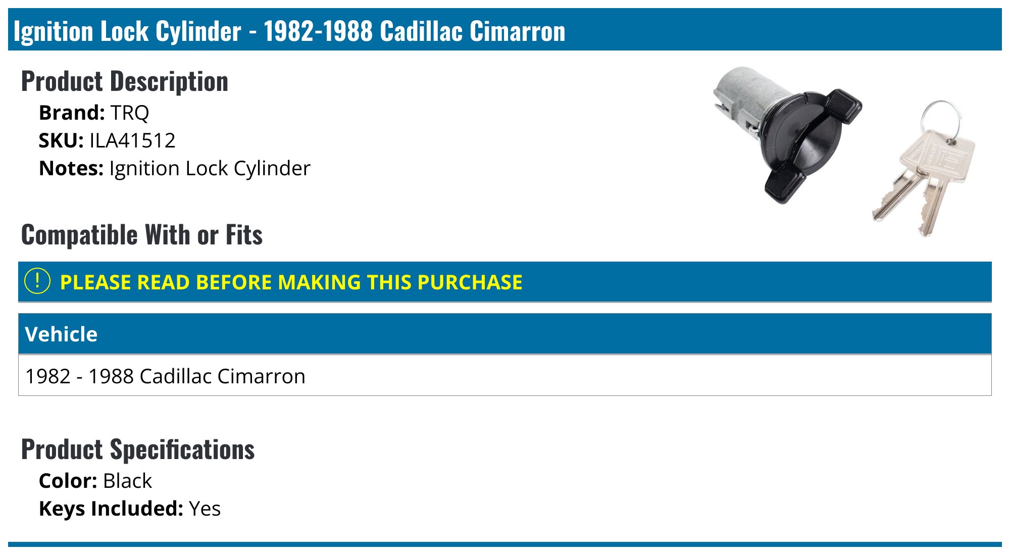 19821988 Cadillac Cimarron Ignition Lock Cylinder TRQ ILA41512