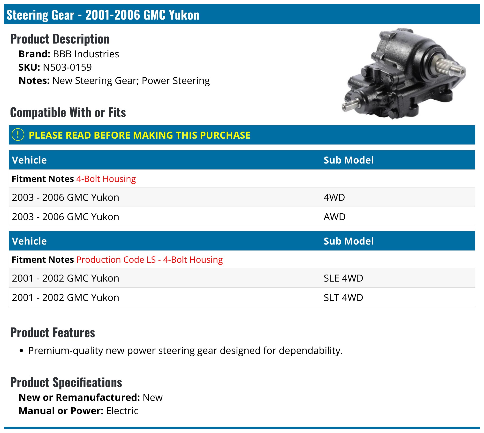 2001-2006 GMC Yukon Steering Gear - BBB Industries N503-0159