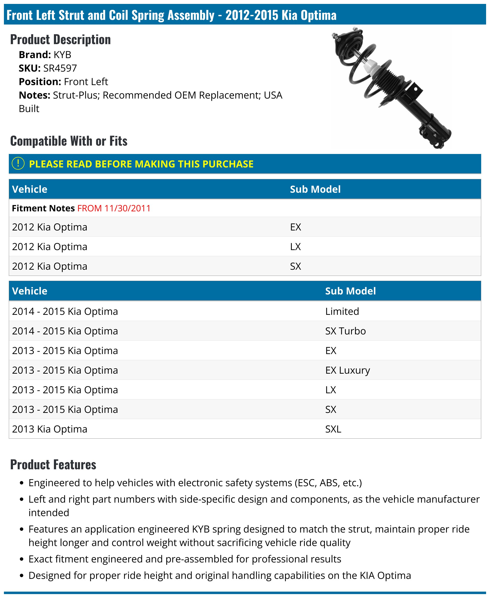 KYB Front & Rear Strut And Shock Absorber Kit For Kia Optima 2012-2015