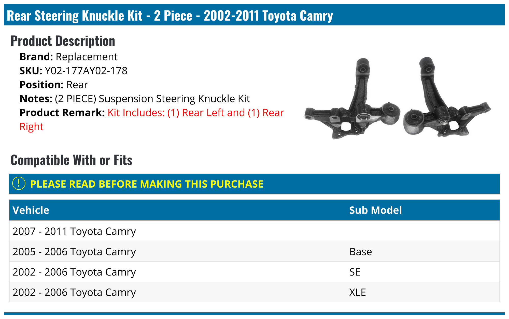 20022011 Toyota Camry Steering Knuckle Replacement Y02177AY02178
