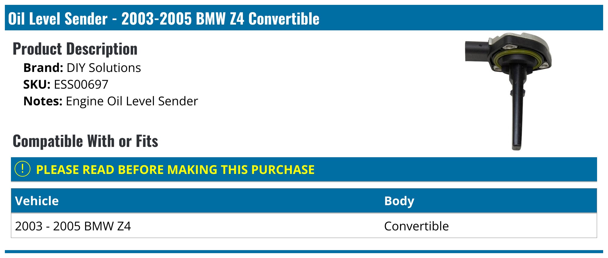 20032005 BMW Z4 Oil Level Sender DIY Solutions ESS00697