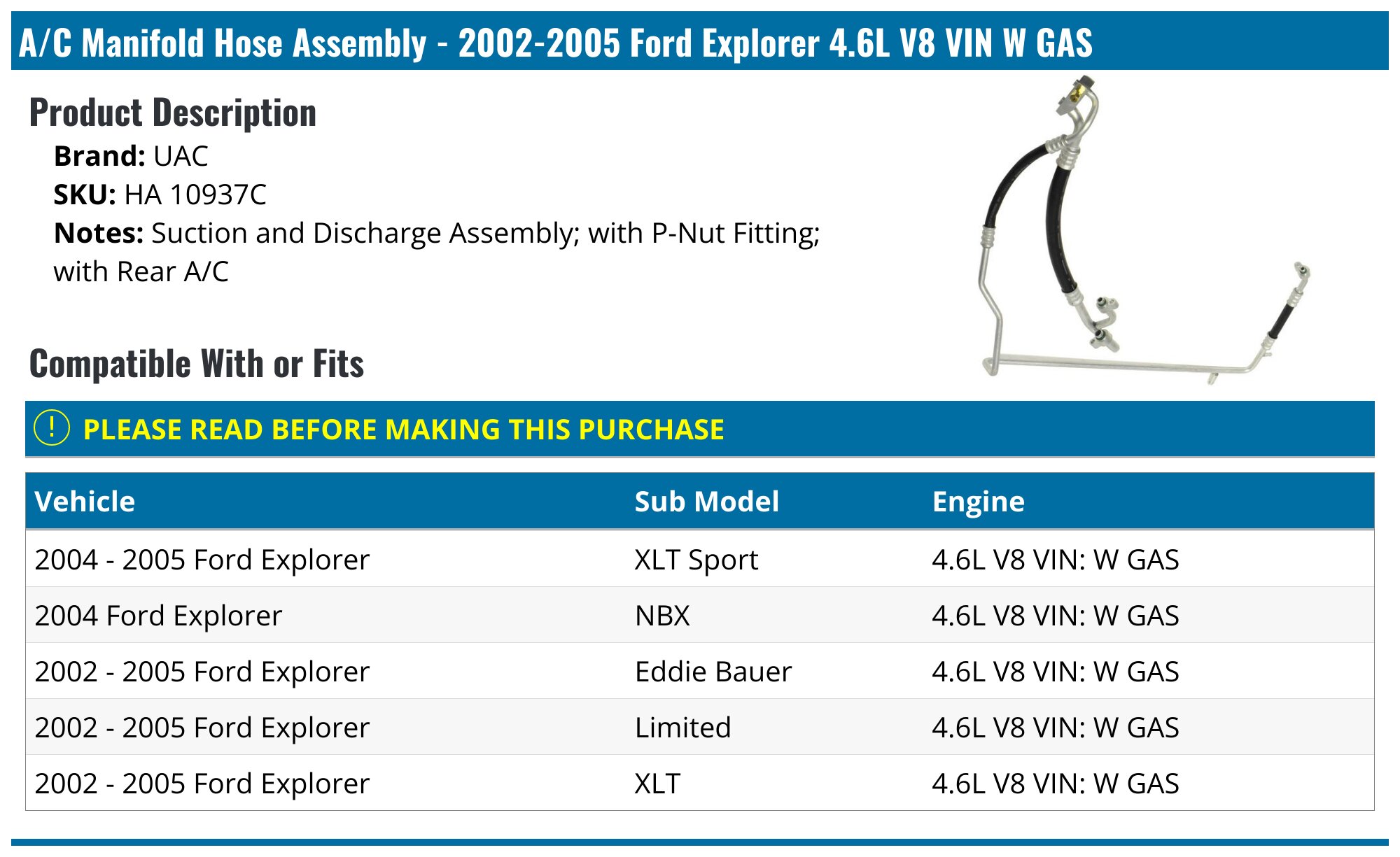 A/C Suction & Discharge Hose For 2002-2005 Ford Explorer 4.6L – Brand New!