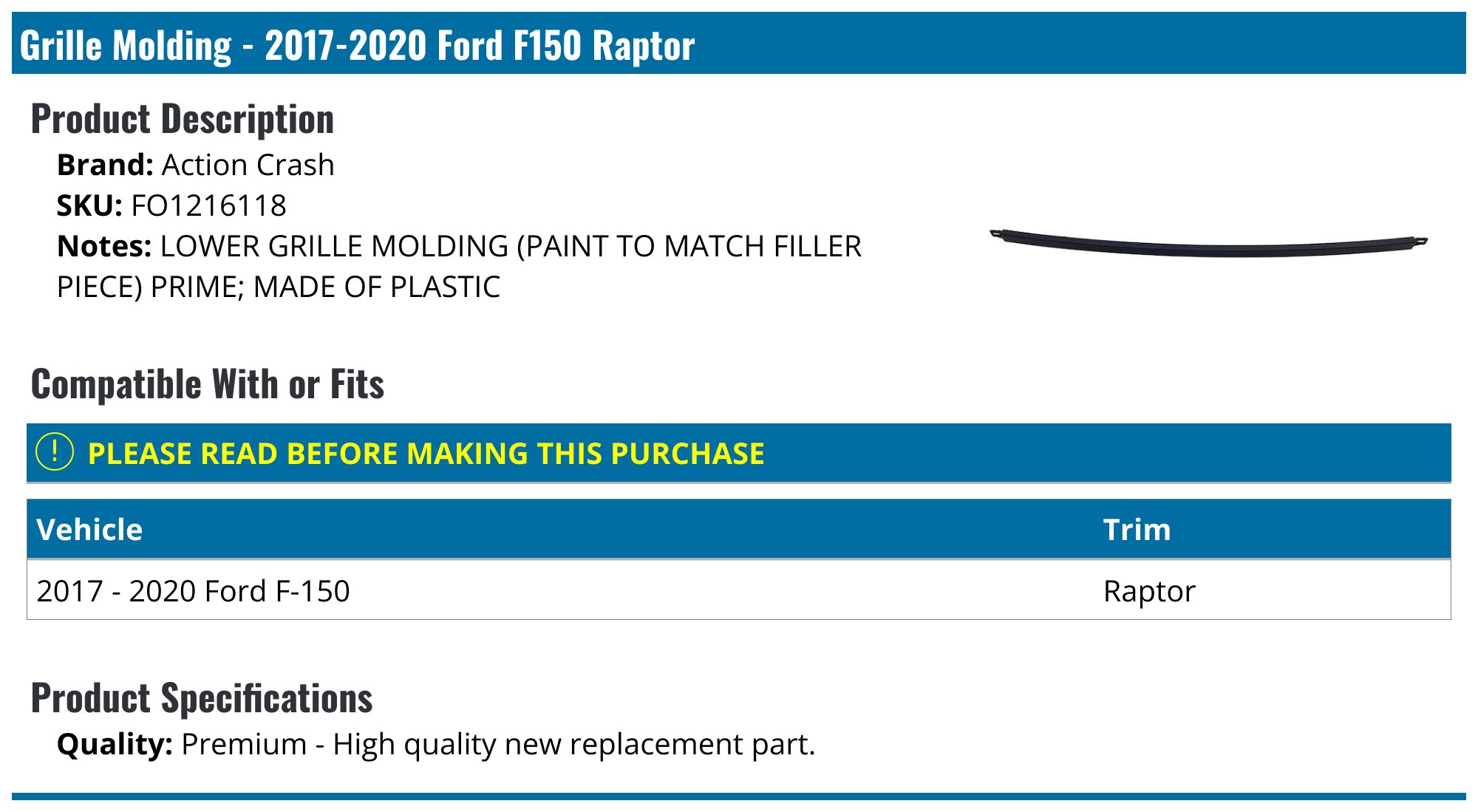 OEM Ford Front Left Driver Side Grille Trim Molding – Black – Fits 2017-2018 F-150 Raptor (HL3Z-17C755-BPTM)