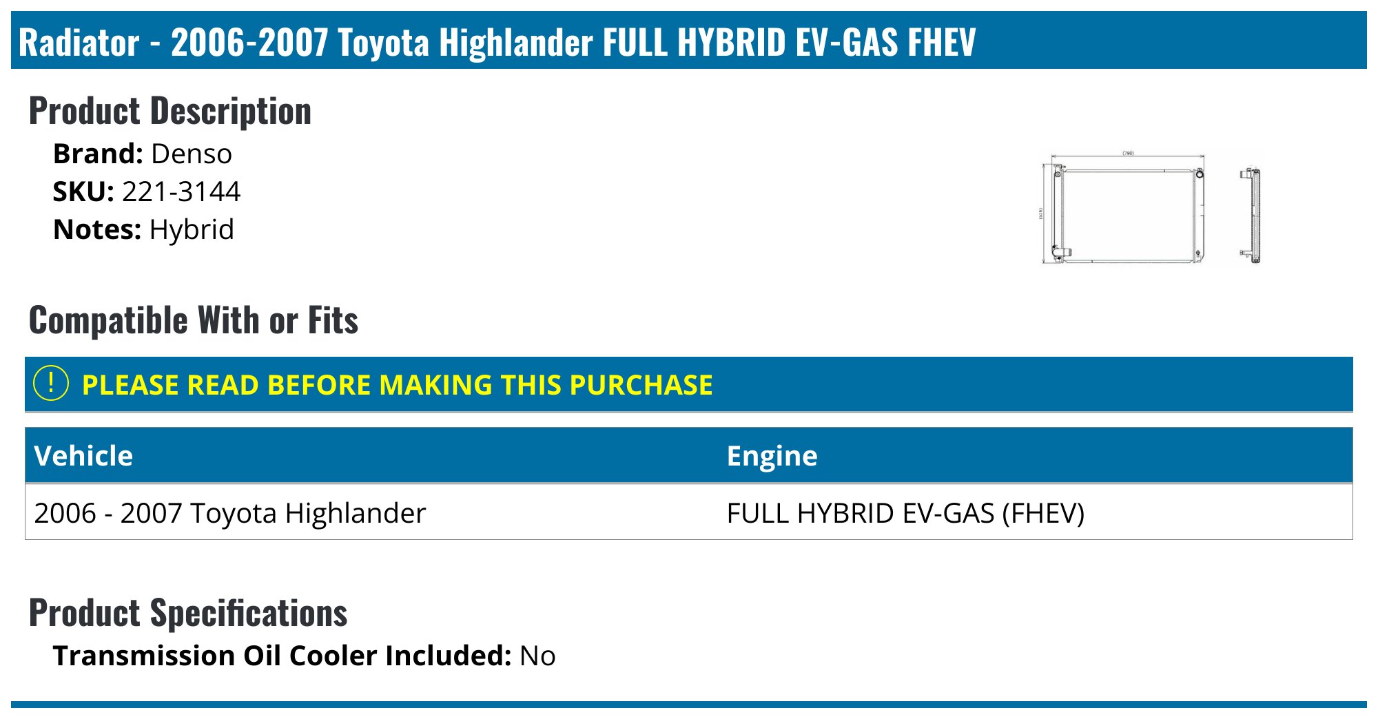 DENSO Auto Parts 2213144 Radiateur Nouveau Oe Qualite