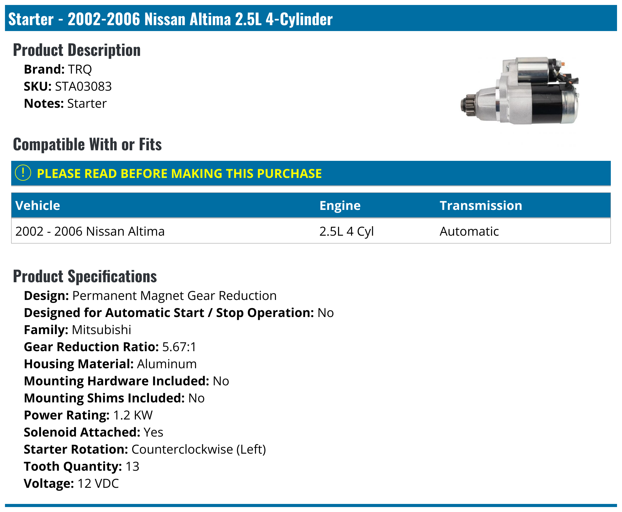 20022006 Nissan Altima Starter TRQ STA03083