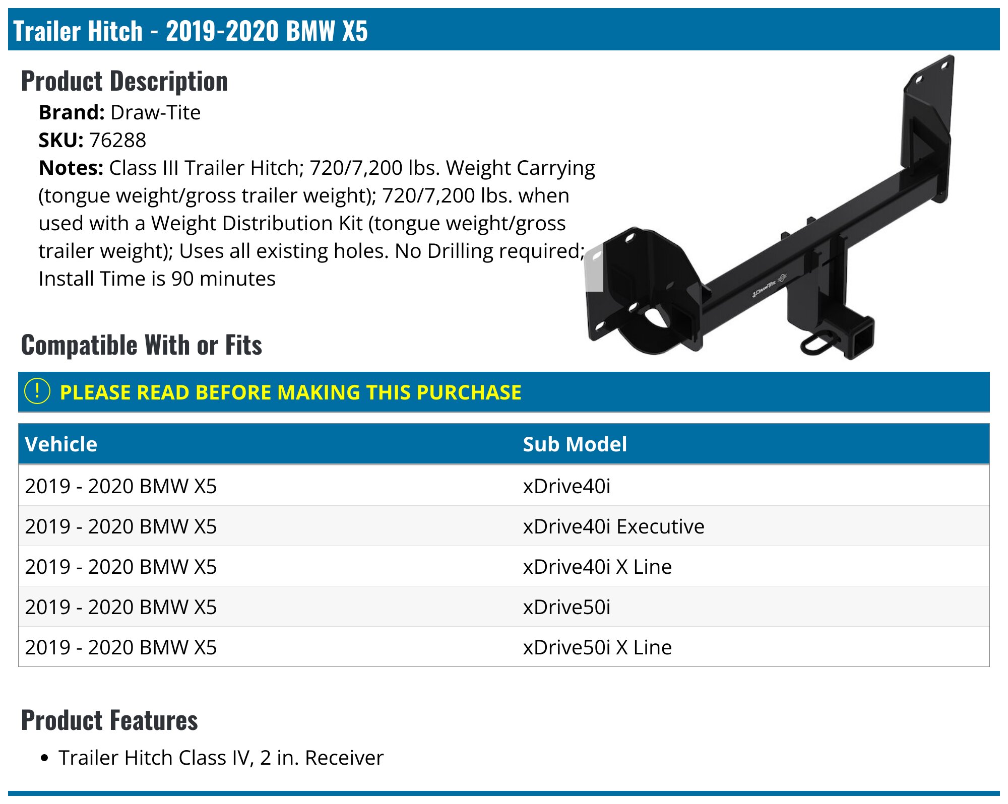 2019-2020 BMW X5 Trailer Hitch - Draw-Tite 76288 - PartsGeek.com