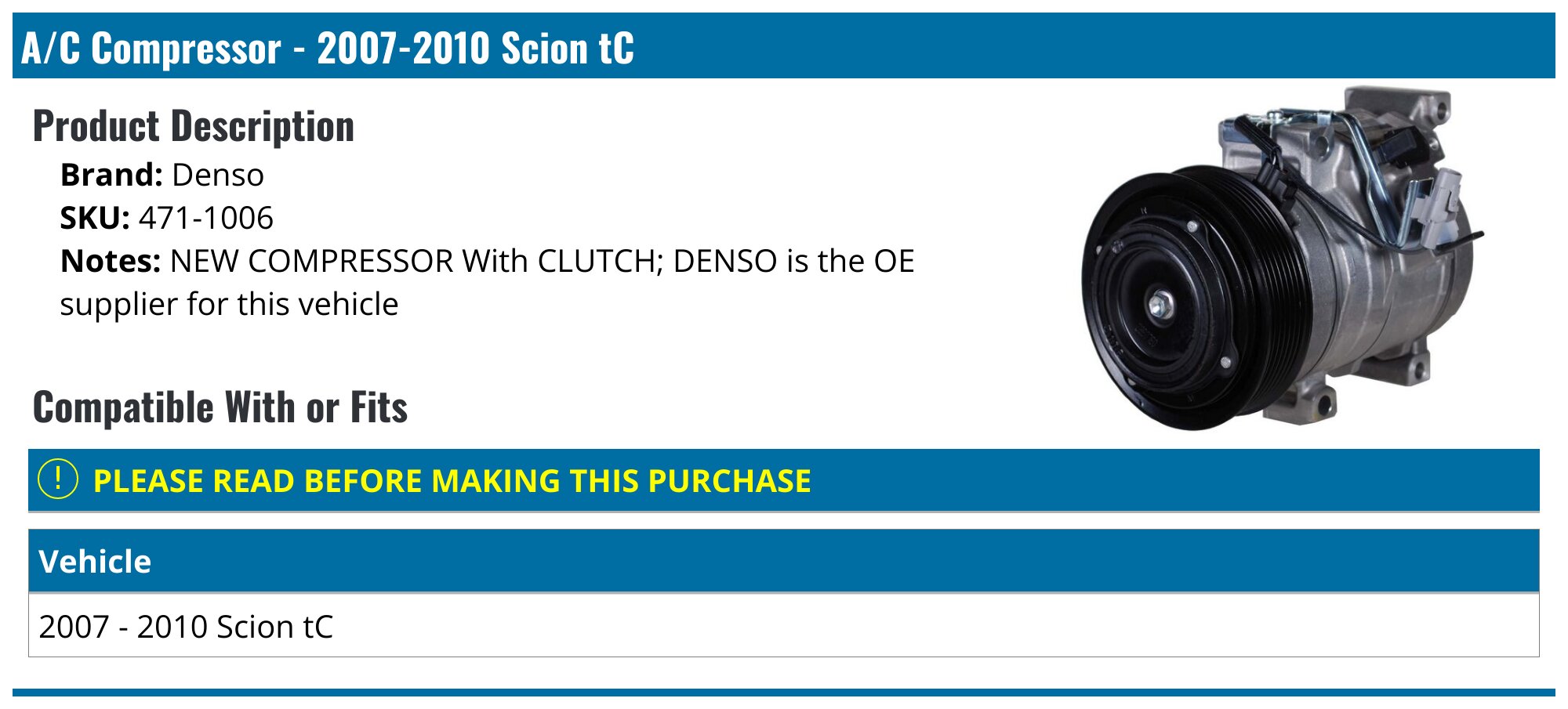 A/C Compressor Clutch Kit For Scion TC 2007-2010 2.4L – 7-Groove Pulley, 12V, Direct Fit