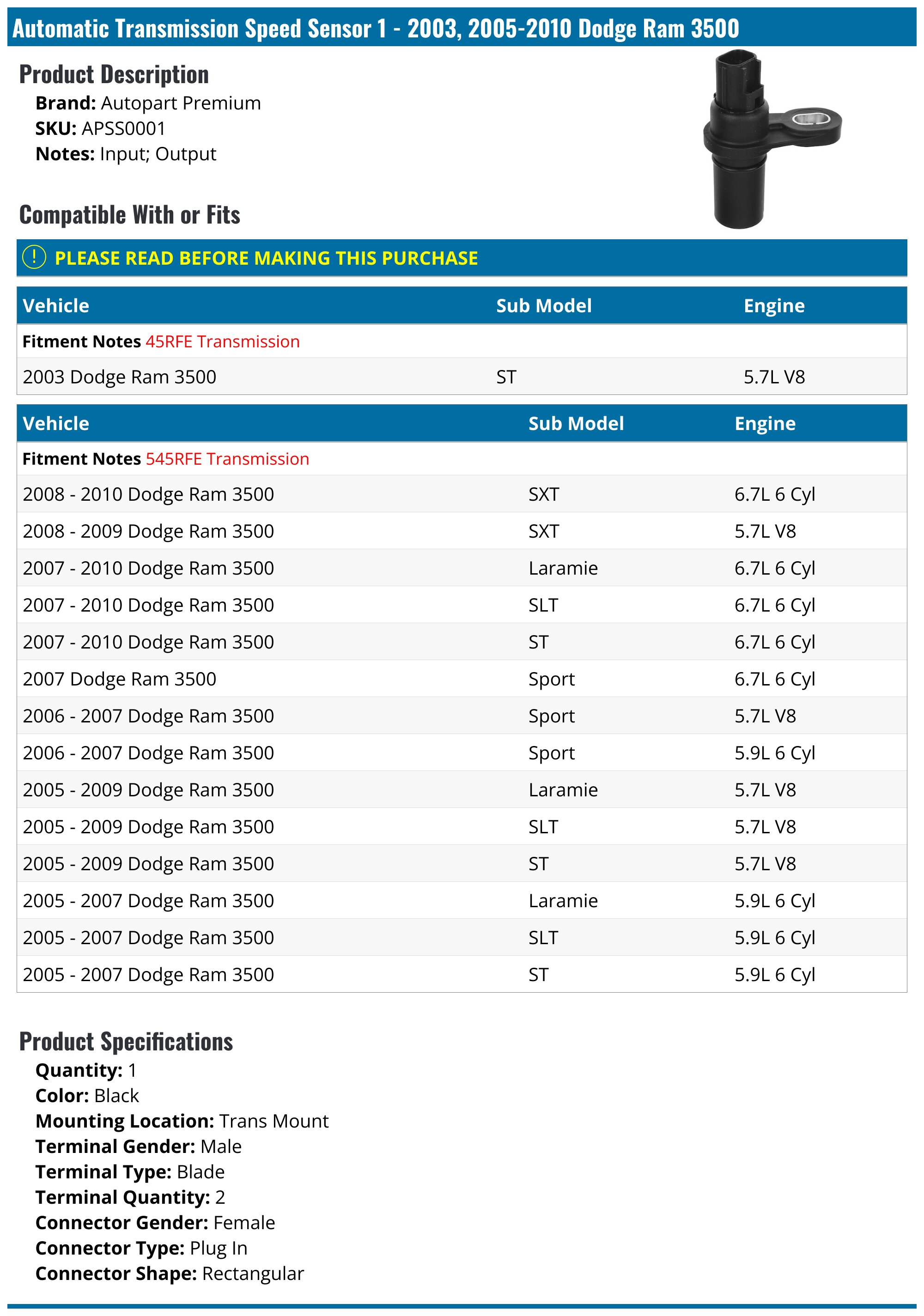 2003, 2005-2010 Dodge Ram 3500 Automatic Transmission Speed Sensor ...