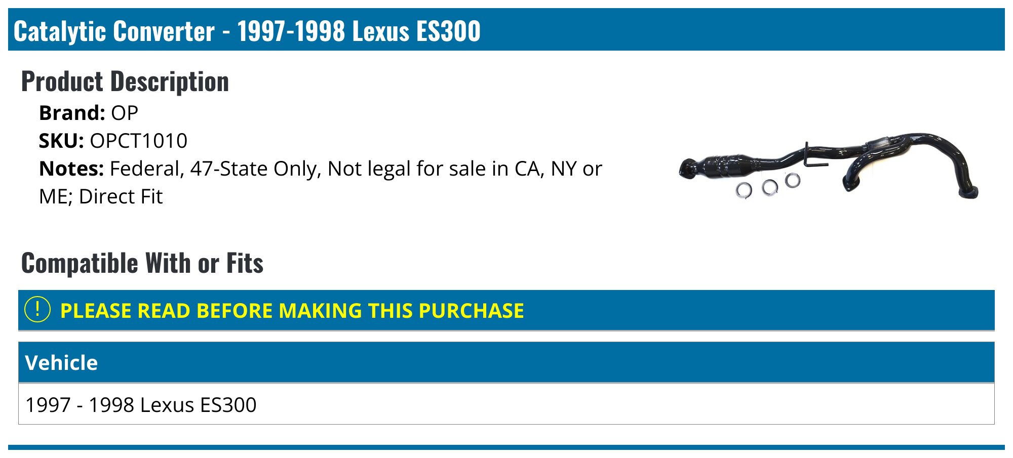 Fit:1996 Lexus ES300 & 1995-1996 Toyota Camry 3.0L Flex Y Pipe Cat Converter 175881348092