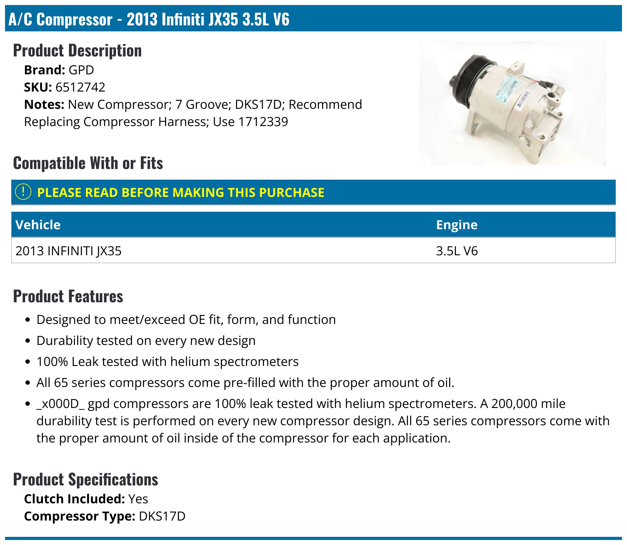 Infiniti JX35 AC Compressor - Air Conditioning - Replacement UAC
