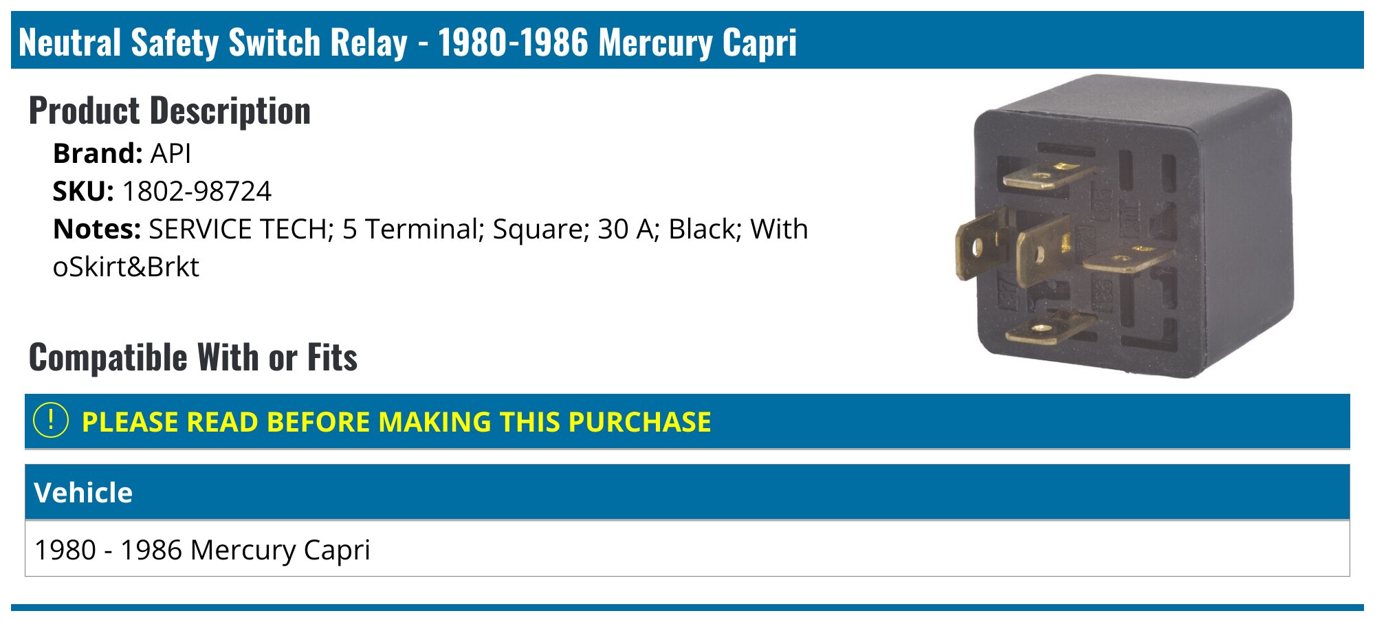 19801986 Mercury Capri Neutral Safety Switch Relay API 569507666281