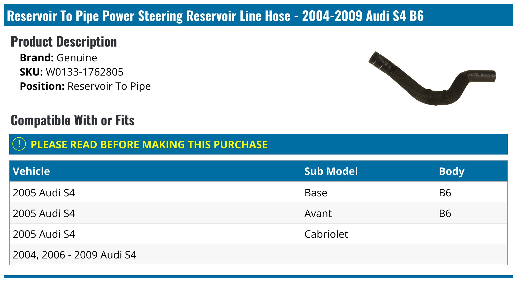 2004-2009 Audi S4 Power Steering Hose - Genuine W0133-1762805 ...