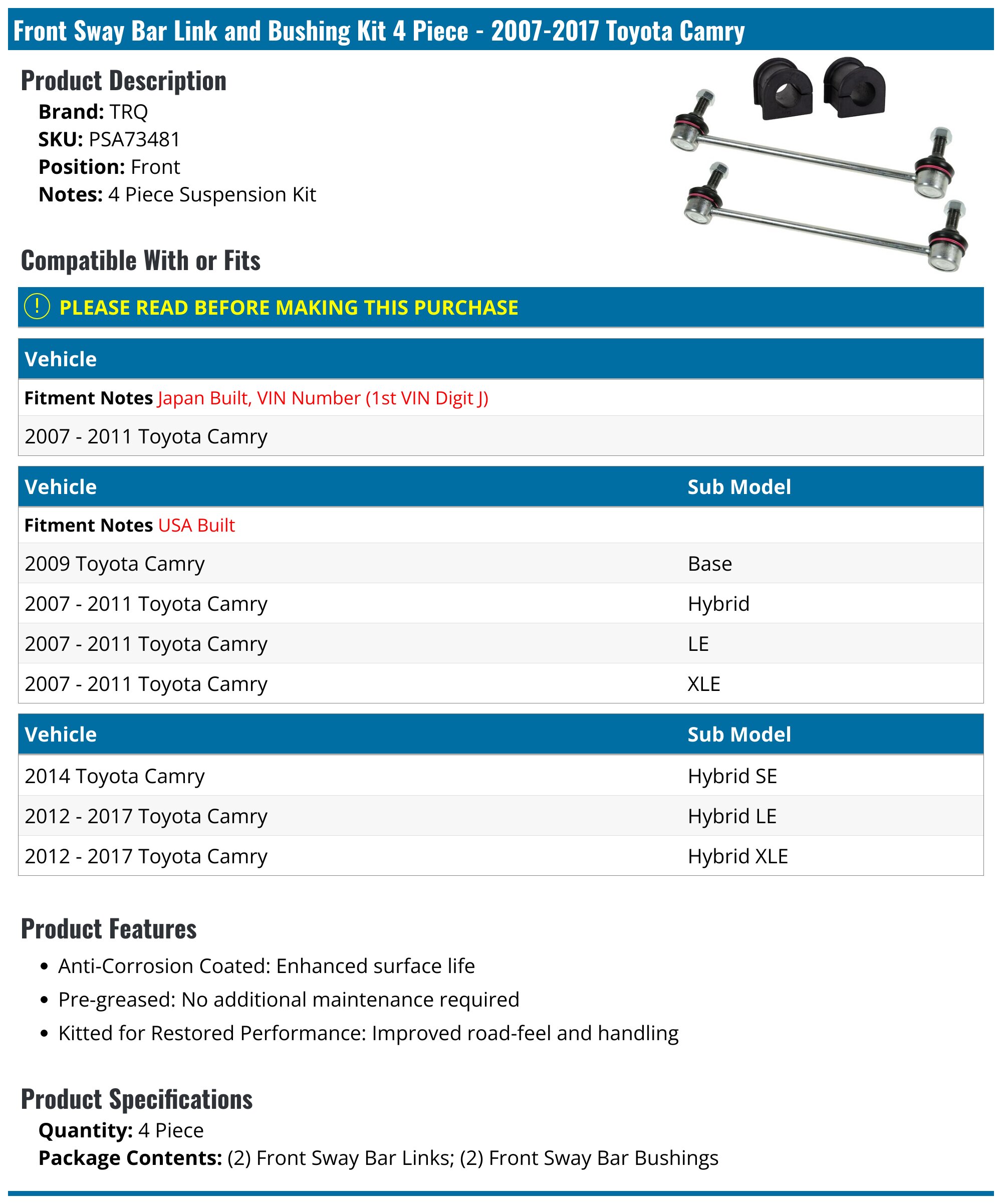 OREDY Rear Struts + Sway Bar Links For Toyota Camry 2007-2011 (Set Of 2) – Complete Assemblies