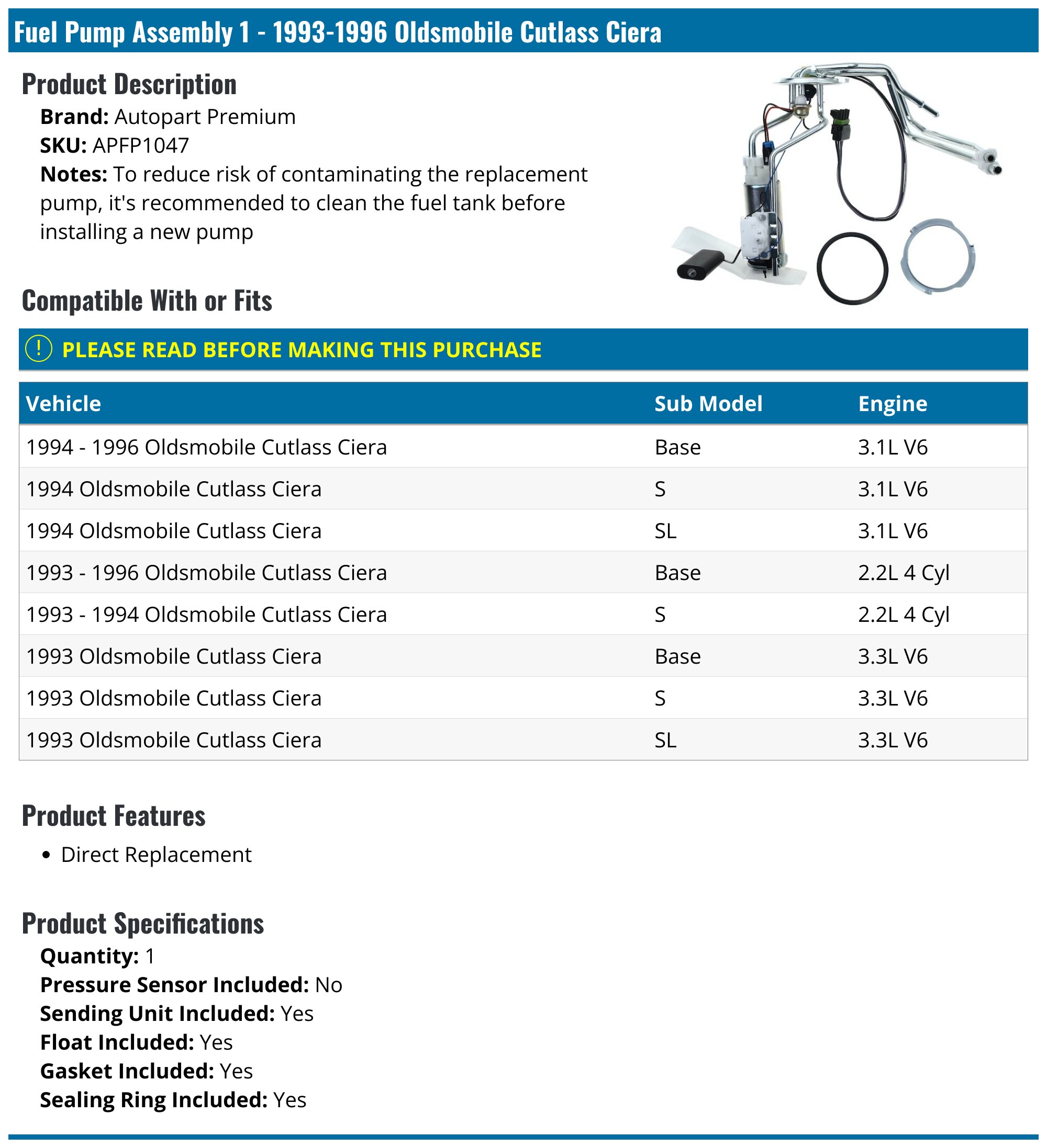 New Fuel Pump Is Compatible With Pontiac 6000 Buick Skyhawk Skylark J2000 Chevrolet Celebrity Citation Oldsmobile Cutlass Ciera Phoenix Sunbird Century Ii Fi