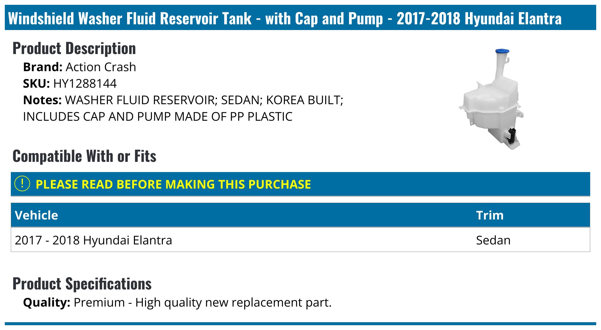 AM Autoparts Windshield Washer Reservoir With Cap – Fits 2017-2018 Hyundai Elantra (Replaces 98610F3000, 98610F3500)
