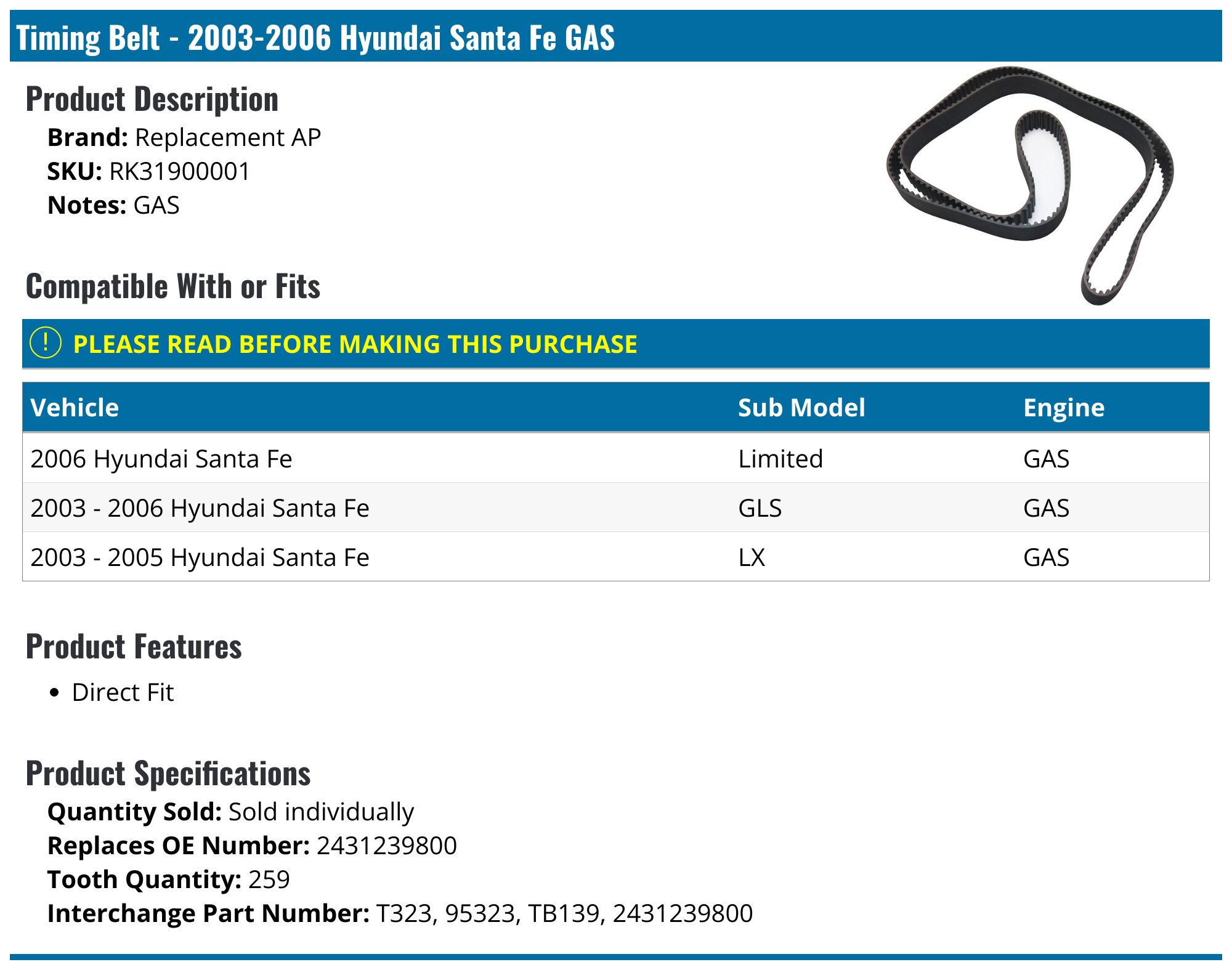 20032006 Hyundai Santa Fe Timing Belt Replacement AP RK31900001