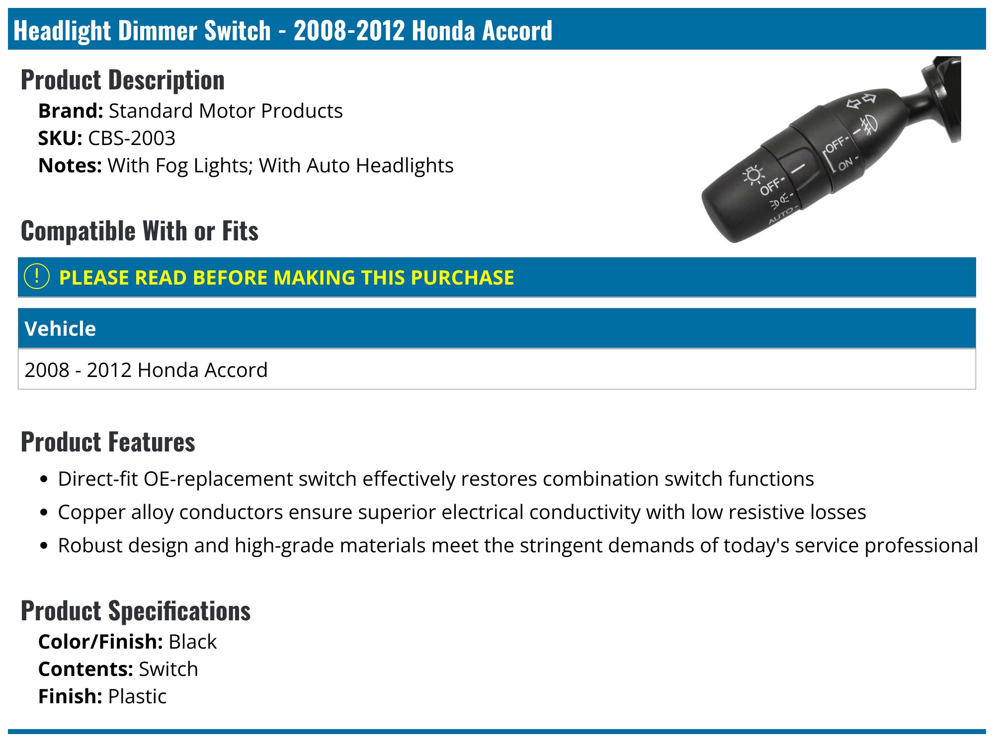 20082012 Honda Accord Headlight Dimmer Switch Standard Motor