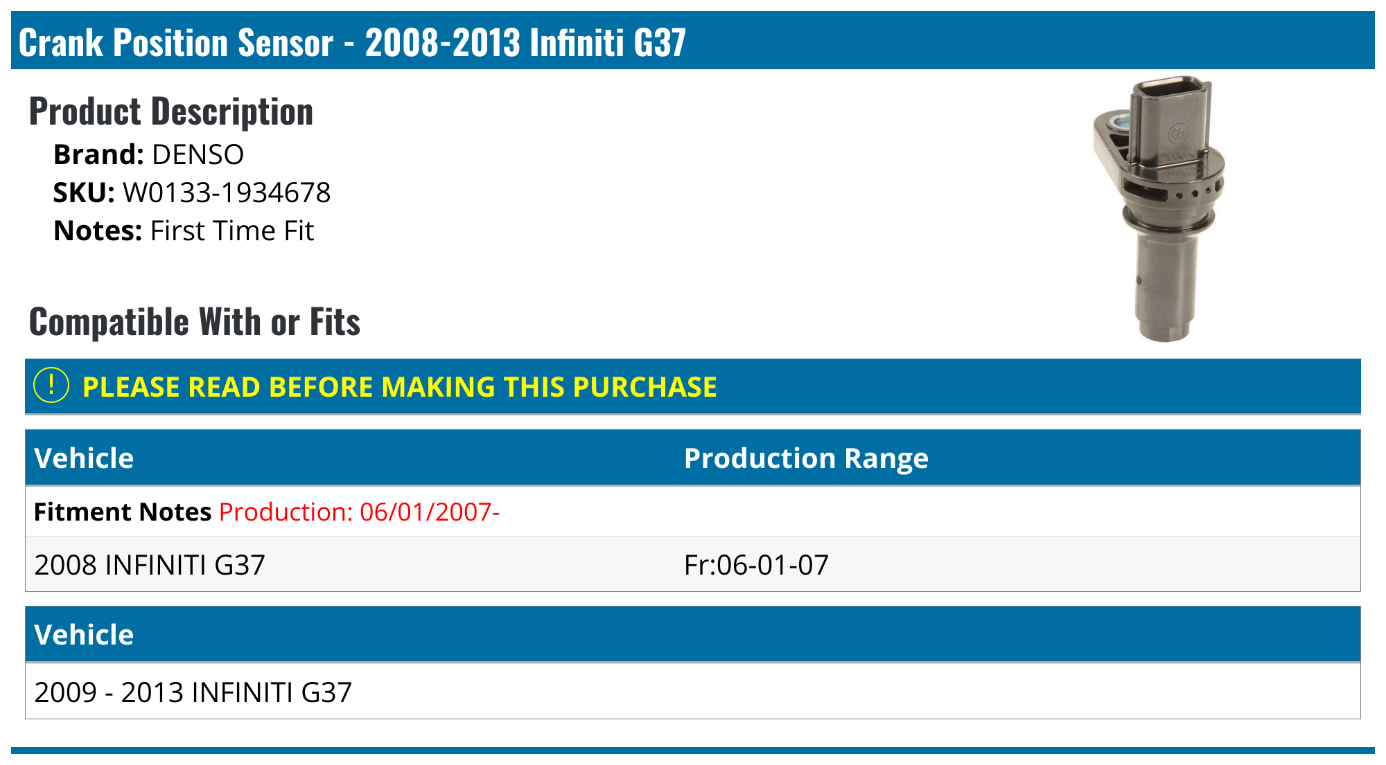 20082013 Infiniti G37 Crank Position Sensor Denso W01331934678