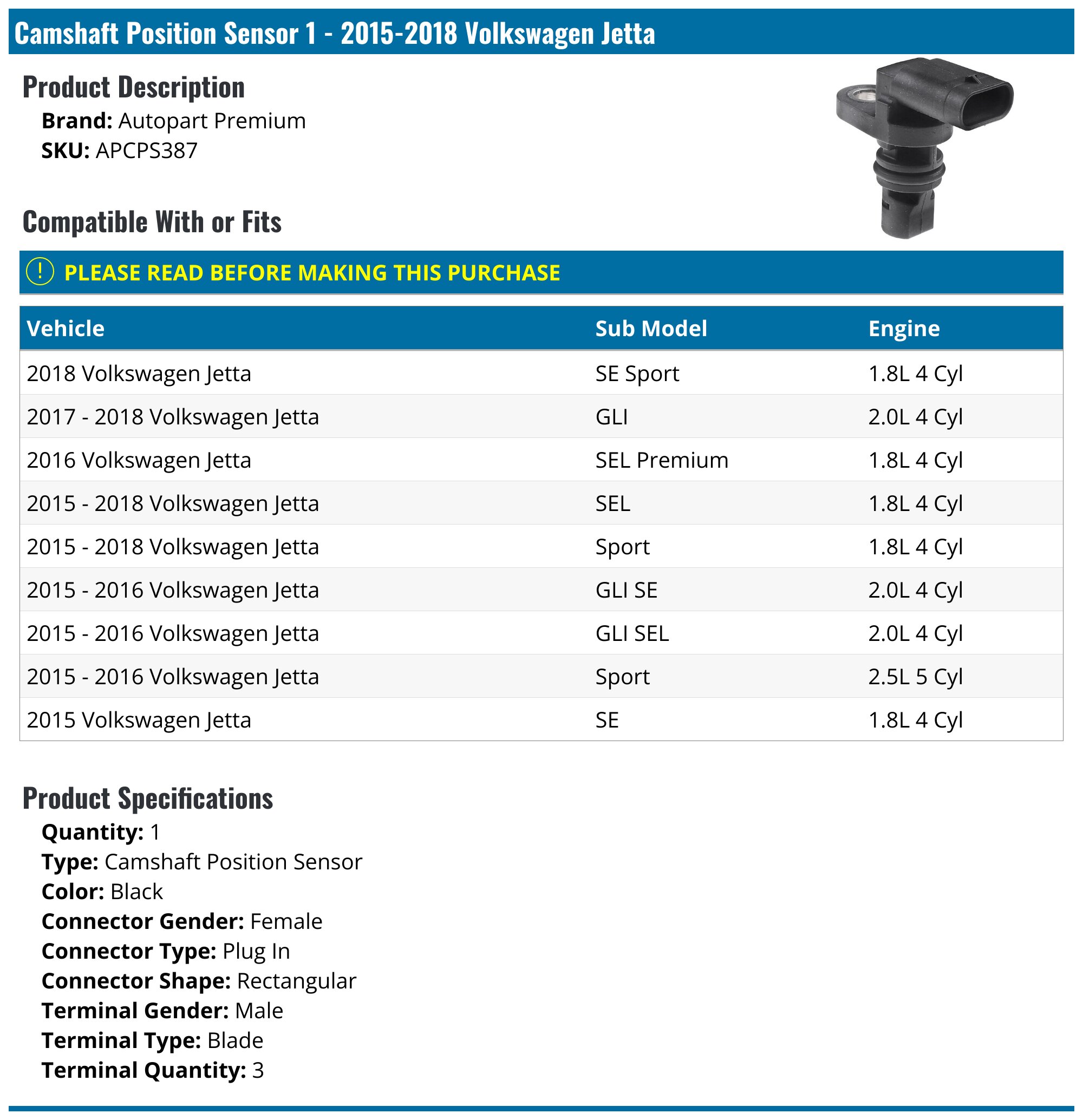 2015-2018 Volkswagen Jetta Camshaft Position Sensor - Autopart Premium ...