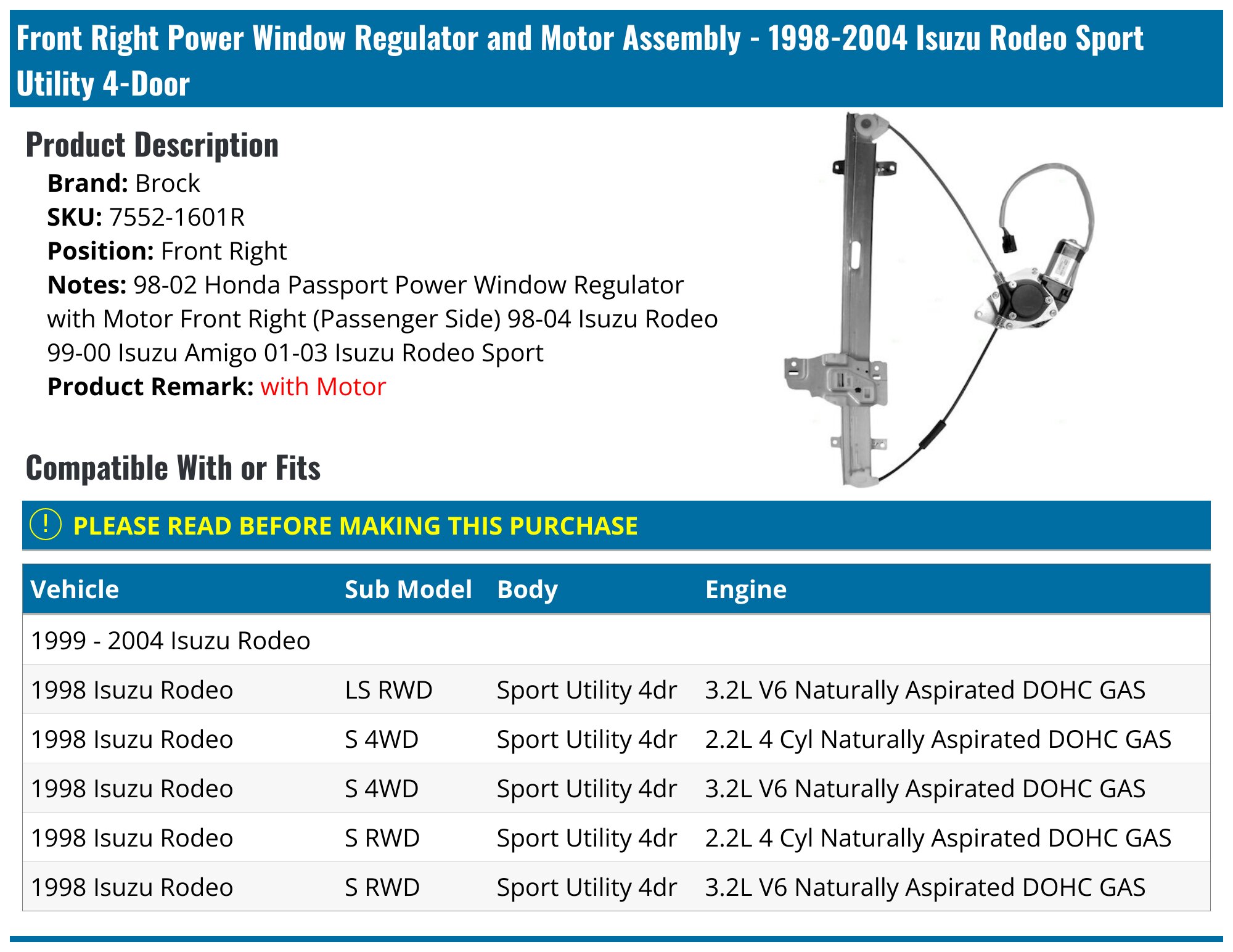 Power Window Regulator With Motor – Front Right – For Isuzu Rodeo 1998-2004 – Evan-Fischer