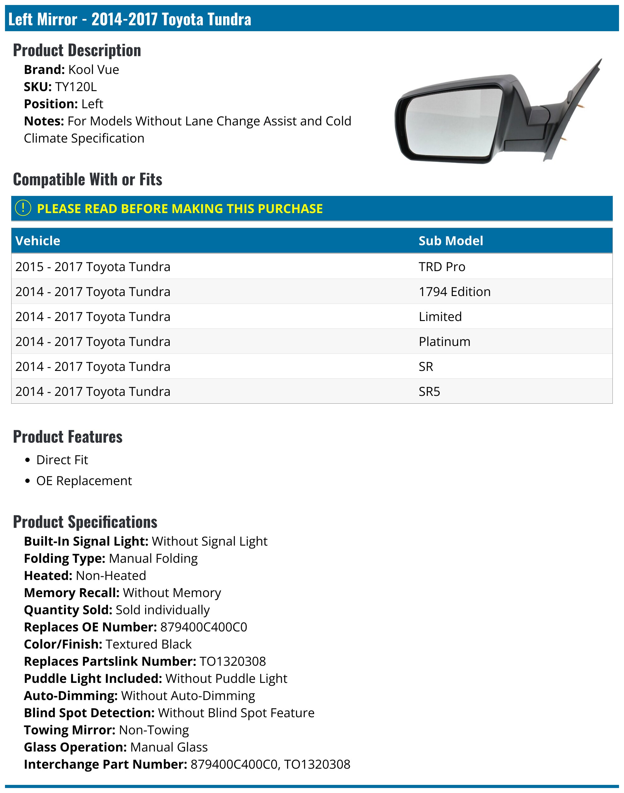 2014-2017 Toyota Tundra Mirror - Kool Vue TY120L - Left - PartsGeek.com