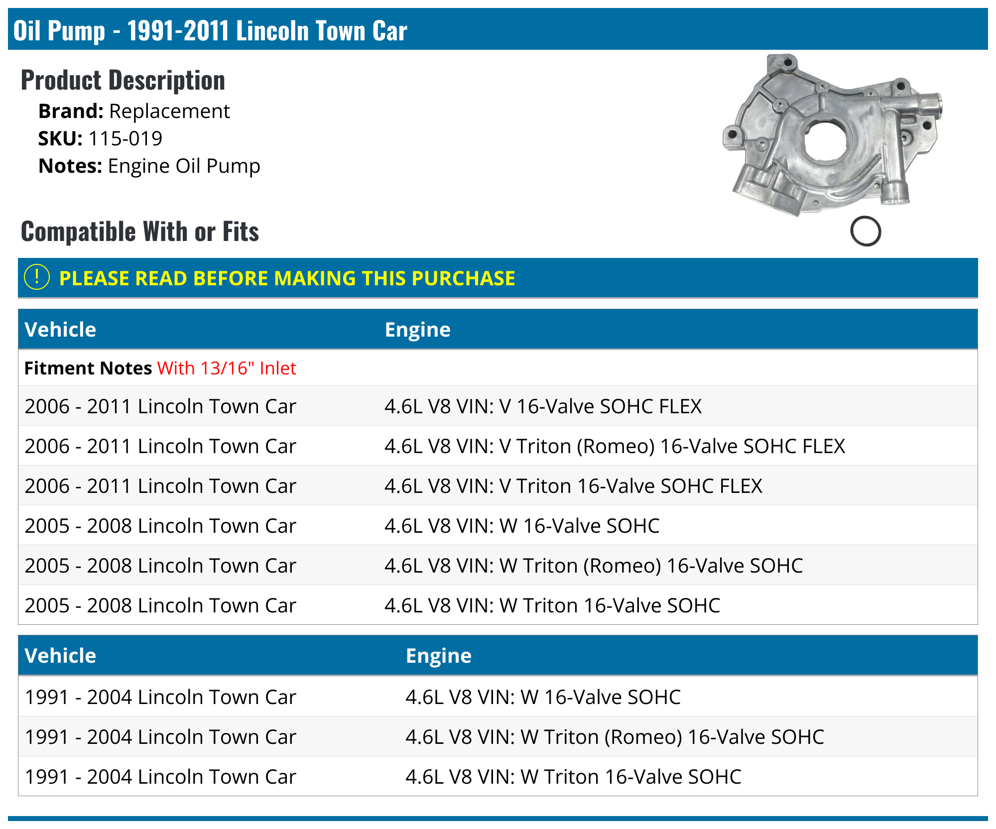 19912011 Lincoln Town Car Oil Pump Replacement 115019