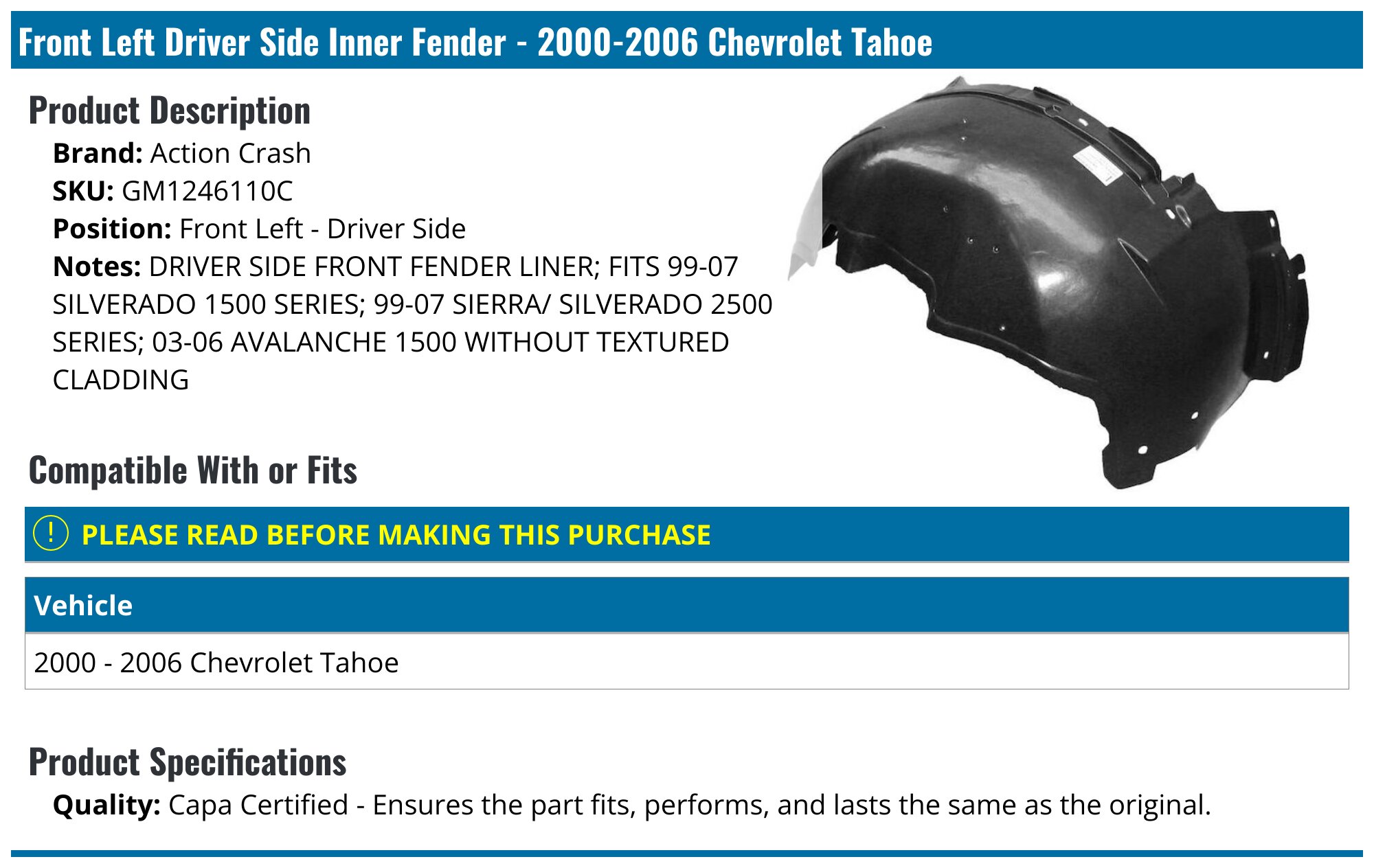 Garage-Pro CAPA Certified Fender for Chevrolet Tahoe 2007-2014 Front