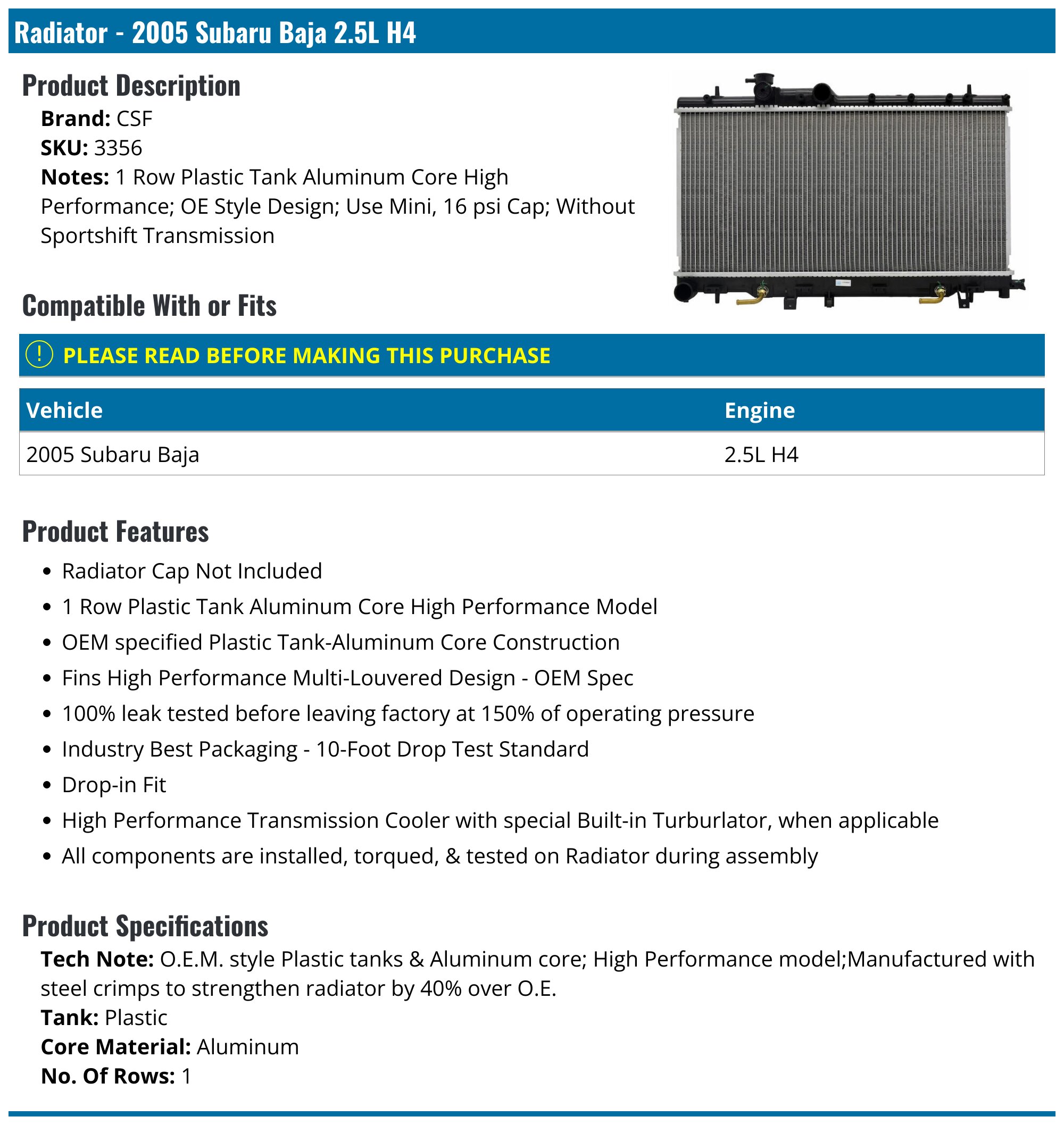 2005 Subaru Baja Radiator - CSF 3356 - PartsGeek.com